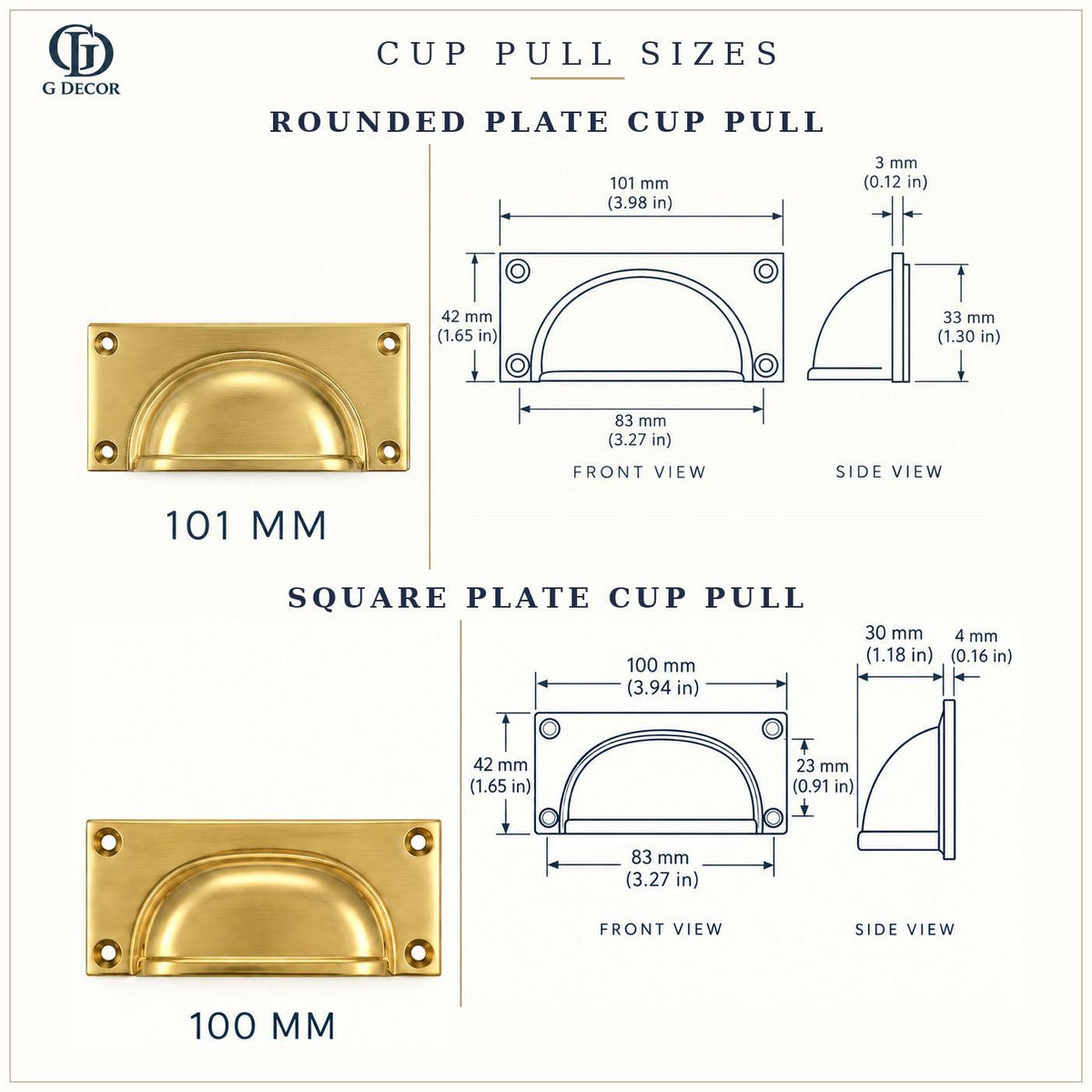 Size drawings of the aged brass rounded plate and square plate cup pulls