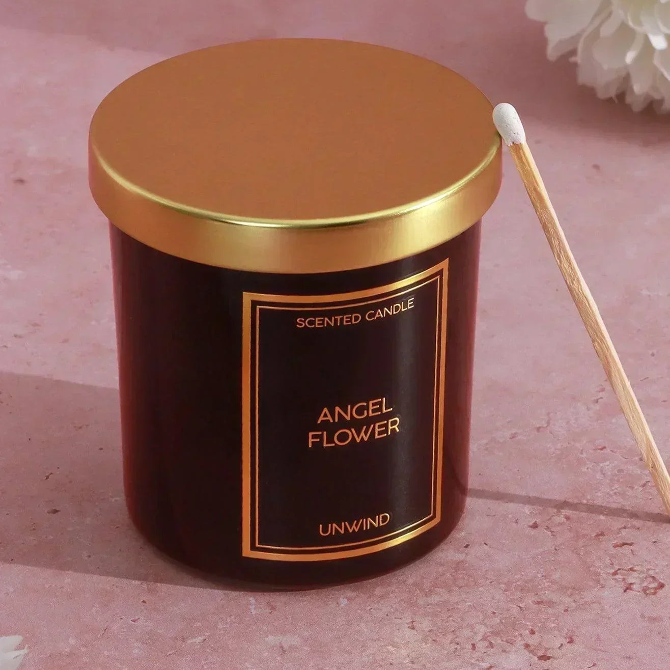 Angel Flower Hand-Poured Soy Wax Scented Candle Jasmine, Heliotrope & Musk in Black Glass Jar - G Decor