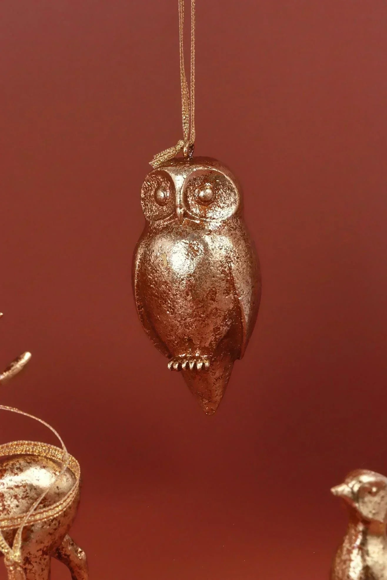 Antique Gold Forest Animal Christmas Tree Hanging Ornaments — close-up view, G Decor