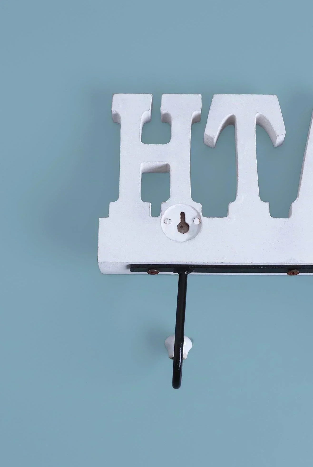 Bath Wall Hook Rack Large White Wooden Sign with 2 Iron Towel Hooks - G Decor