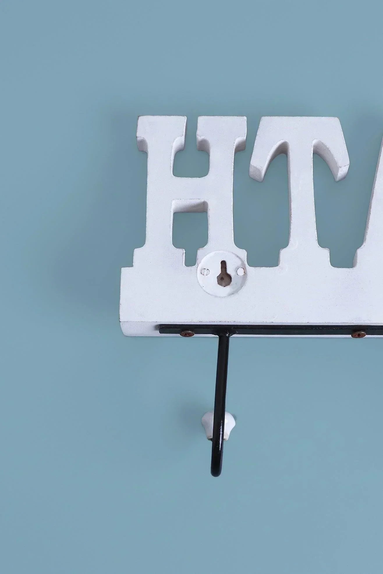 Bath Wall Hook Rack Large White Wooden Sign with 2 Iron Towel Hooks - G Decor