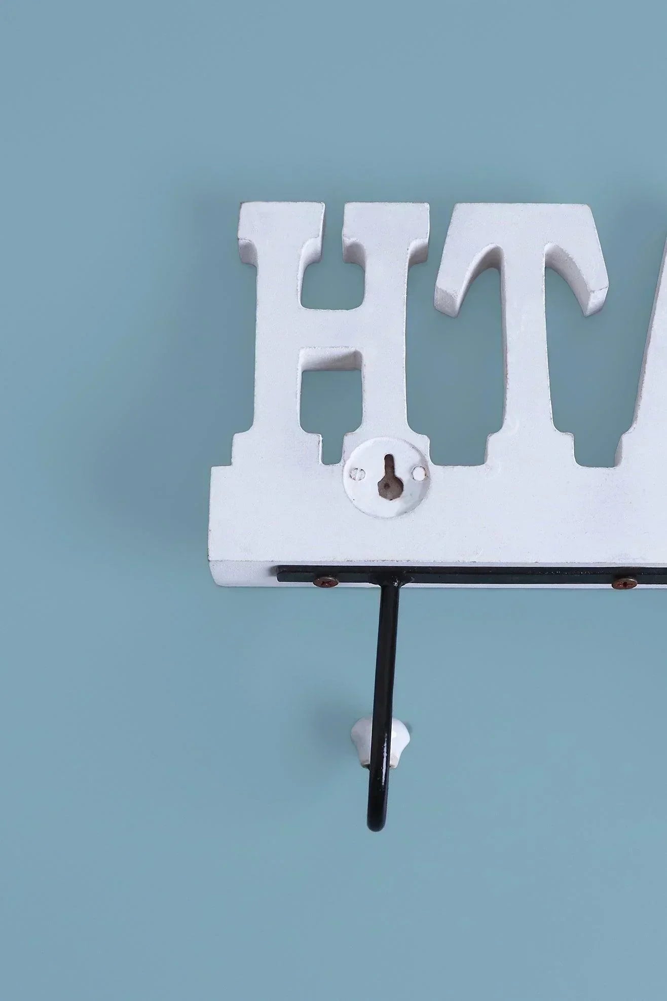 Bath Wall Hook Rack Large White Wooden Sign with 2 Iron Towel Hooks - G Decor