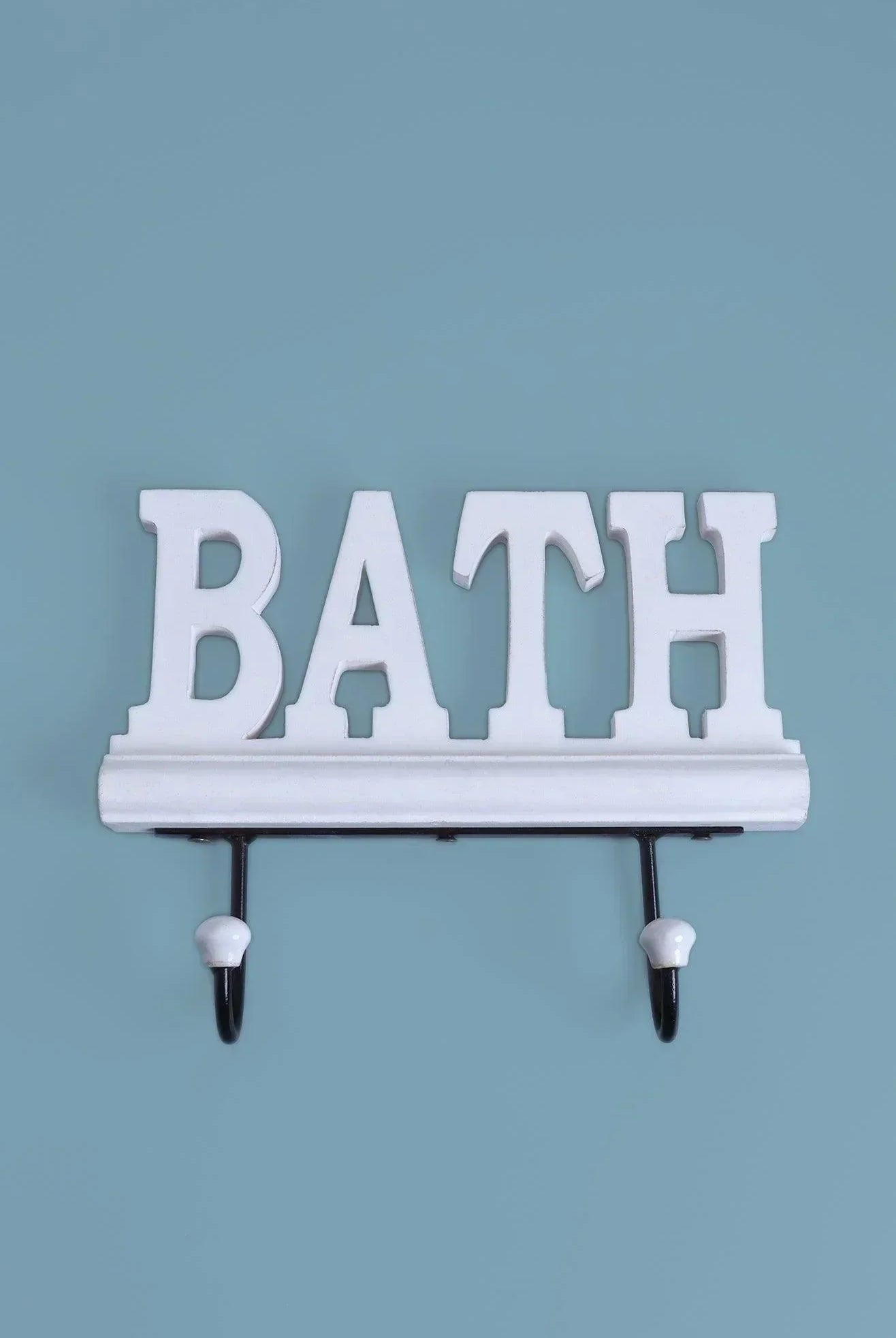 Bath Wall Hook Rack Large White Wooden Sign with 2 Iron Towel Hooks - G Decor