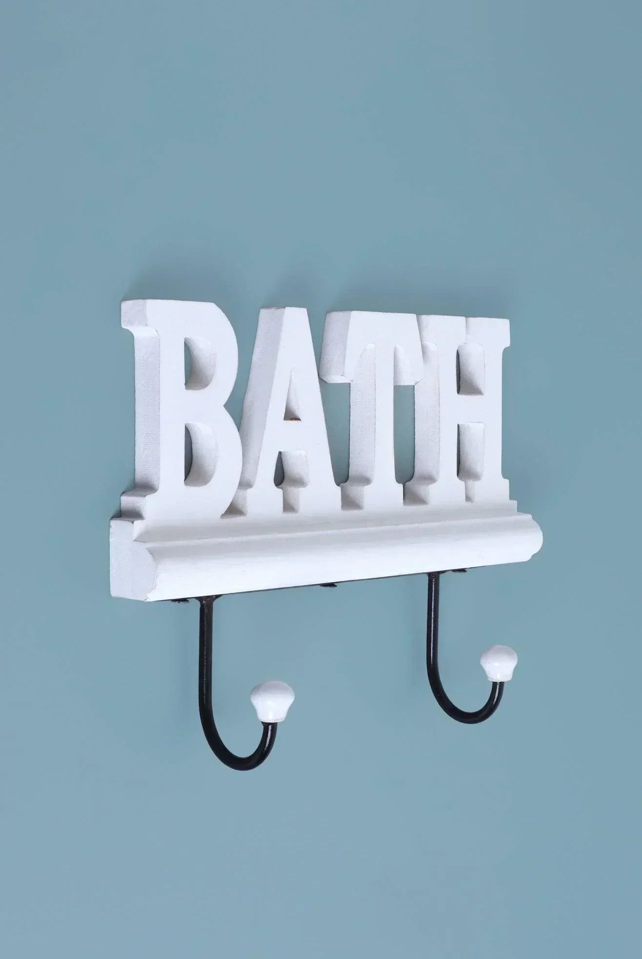 Bath Wall Hook Rack Large White Wooden Sign with 2 Iron Towel Hooks - G Decor
