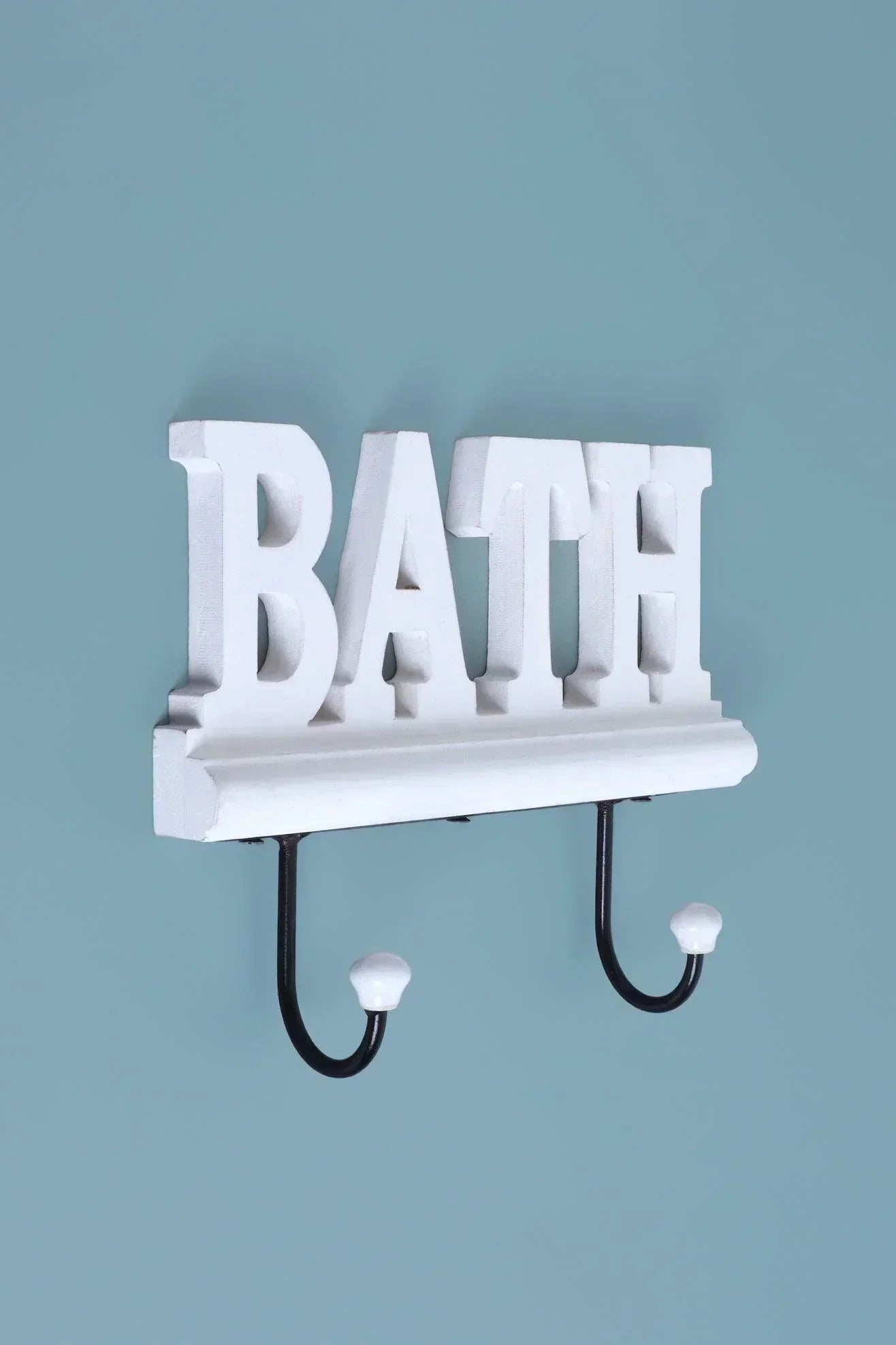 Bath Wall Hook Rack Large White Wooden Sign with 2 Iron Towel Hooks - G Decor
