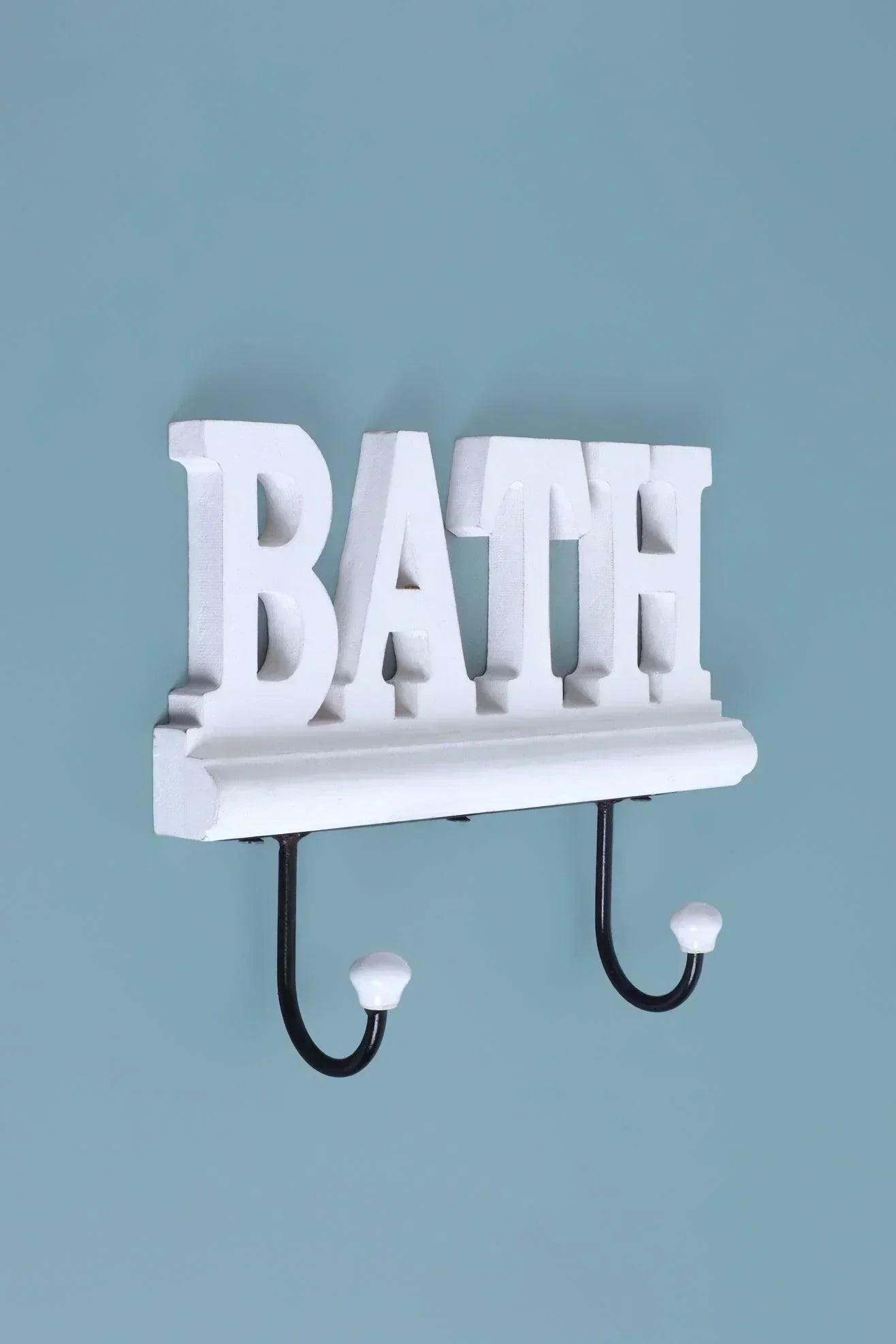 bath-wall-hook-rack-large-white-wooden-sign-with-2-iron-towel-hooks-g-decor-49164 - G Decor