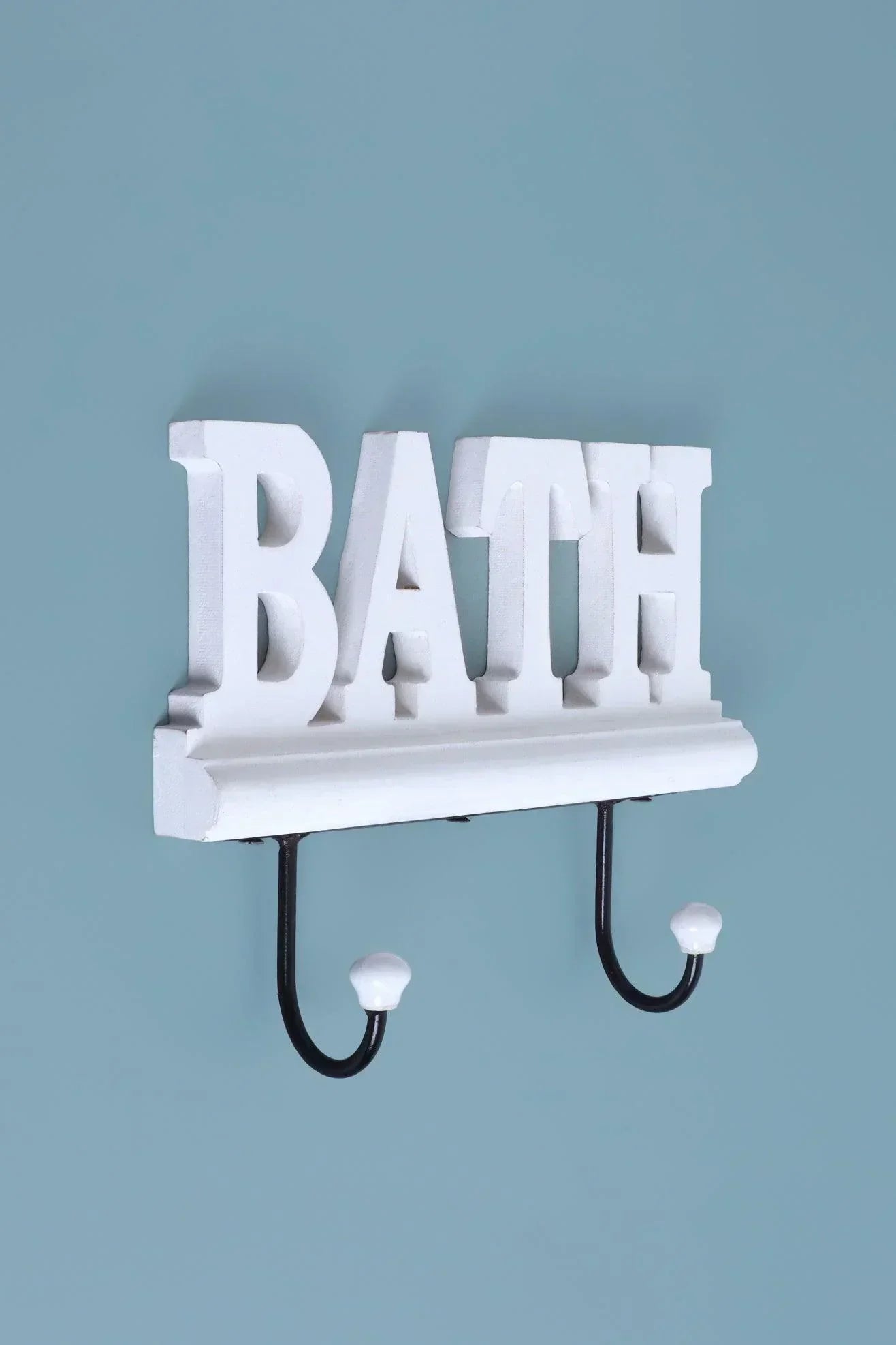 Bath Wall Hook Rack Large White Wooden Sign with 2 Iron Towel Hooks - G Decor