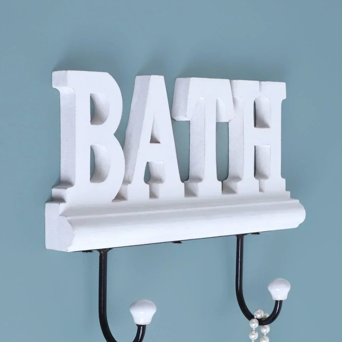 Bath Wall Hook Rack Large White Wooden Sign with 2 Iron Towel Hooks - G Decor
