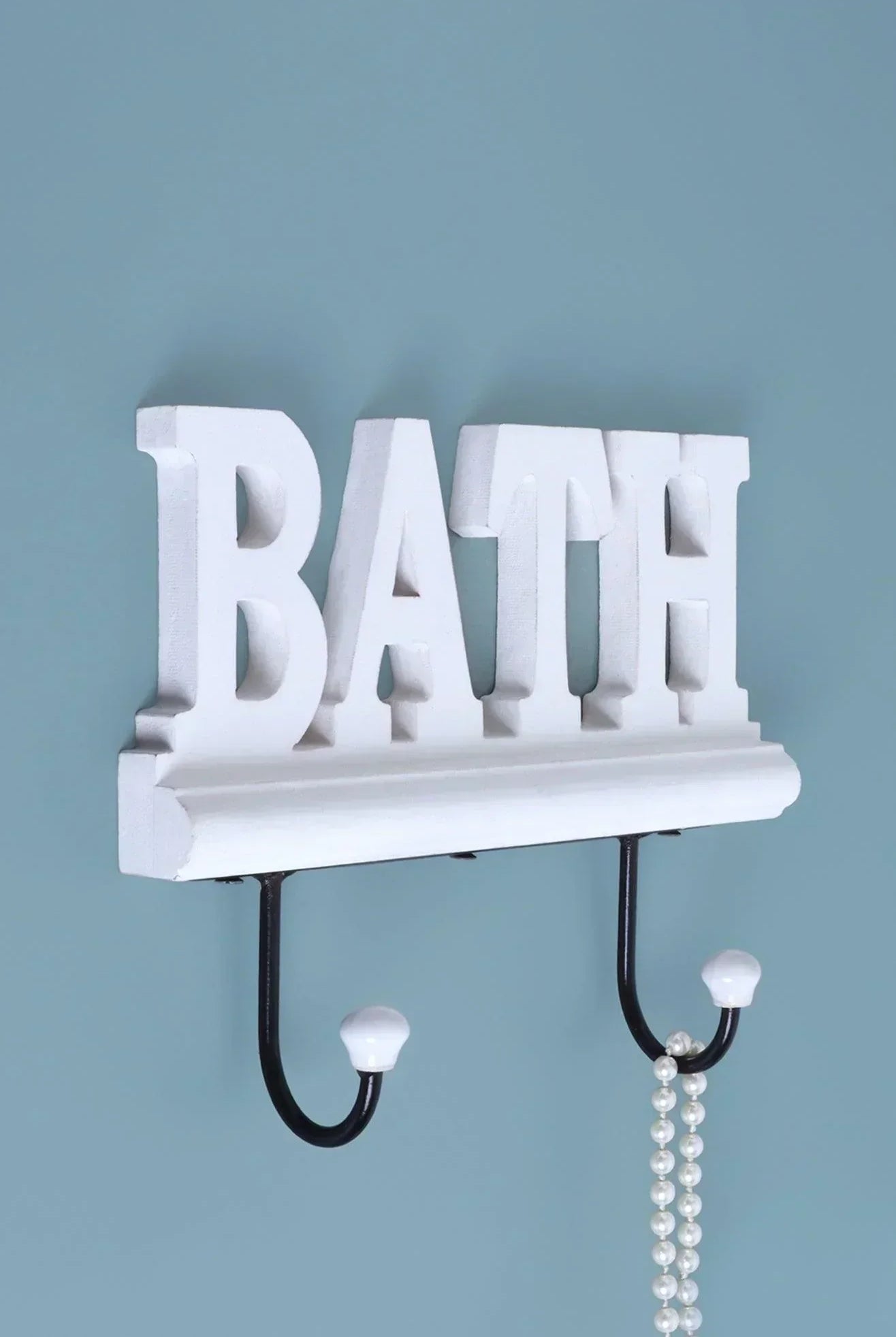 Bath Wall Hook Rack Large White Wooden Sign with 2 Iron Towel Hooks - G Decor
