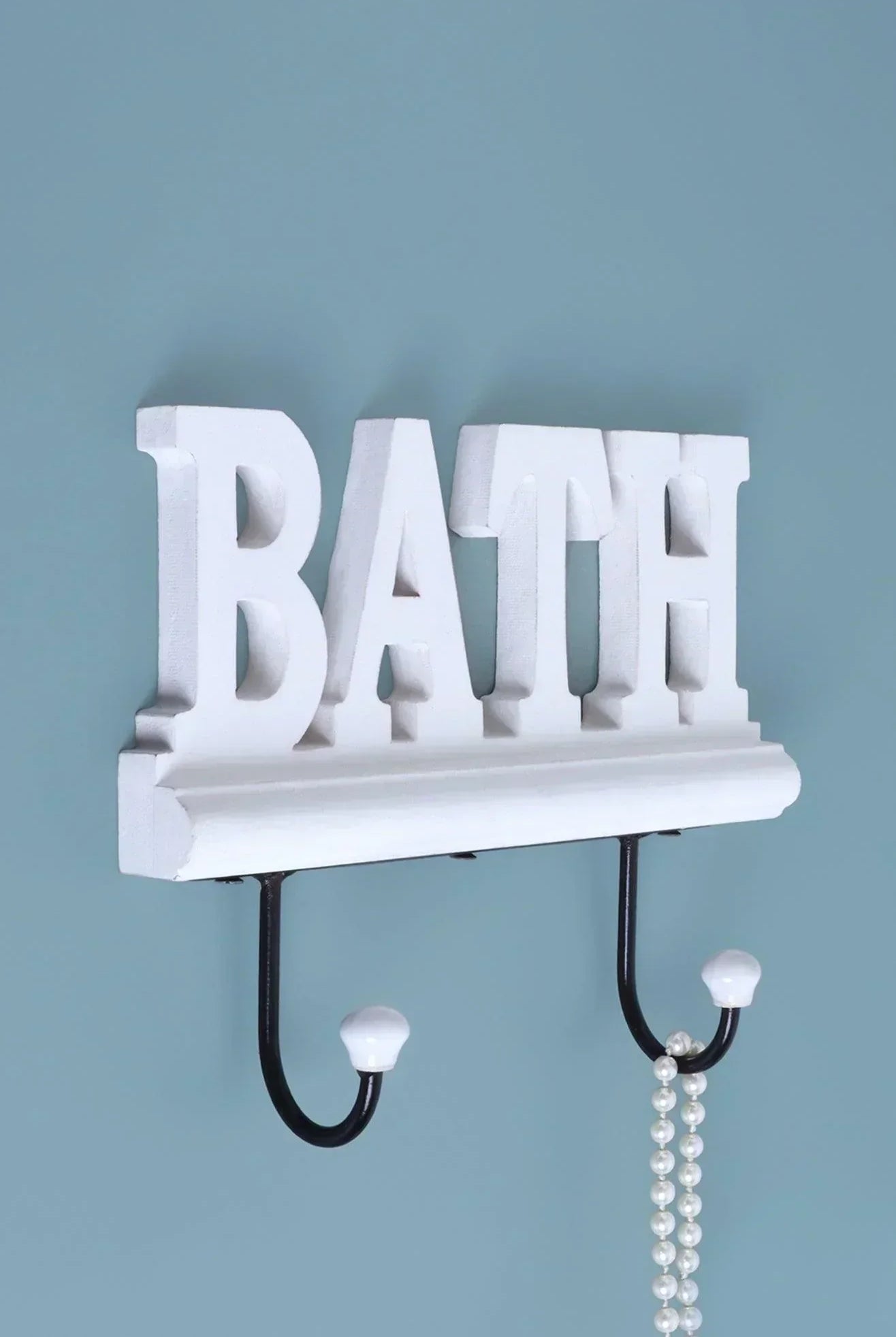 Bath Wall Hook Rack Large White Wooden Sign with 2 Iron Towel Hooks - G Decor