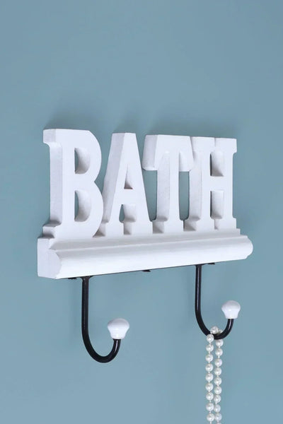 Bath White Wooden Sign Wall Rack Hook