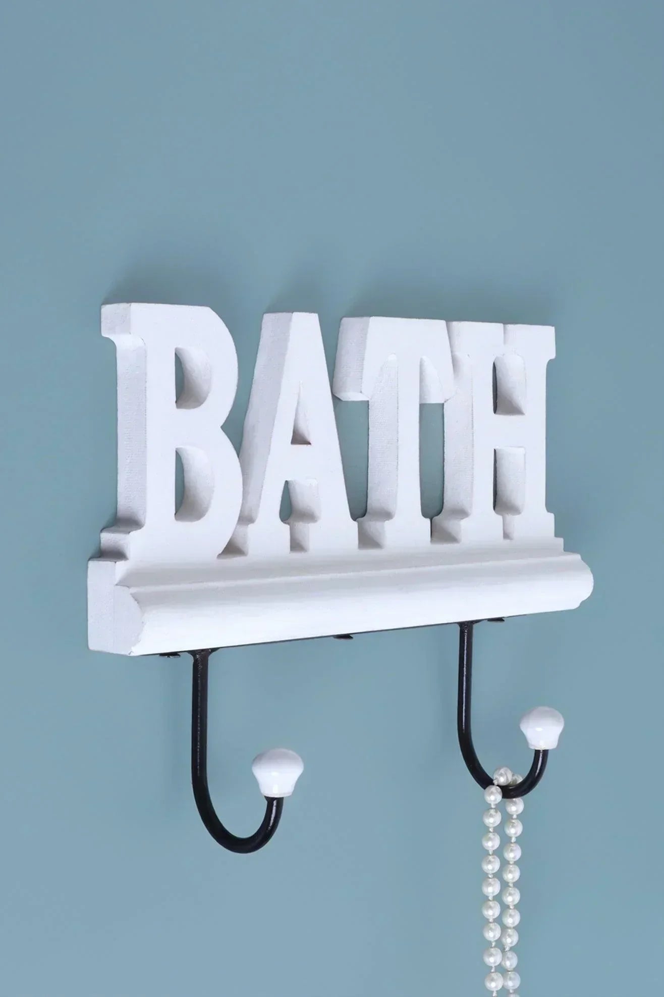 Bath Wall Hook Rack Large White Wooden Sign with 2 Iron Towel Hooks - G Decor