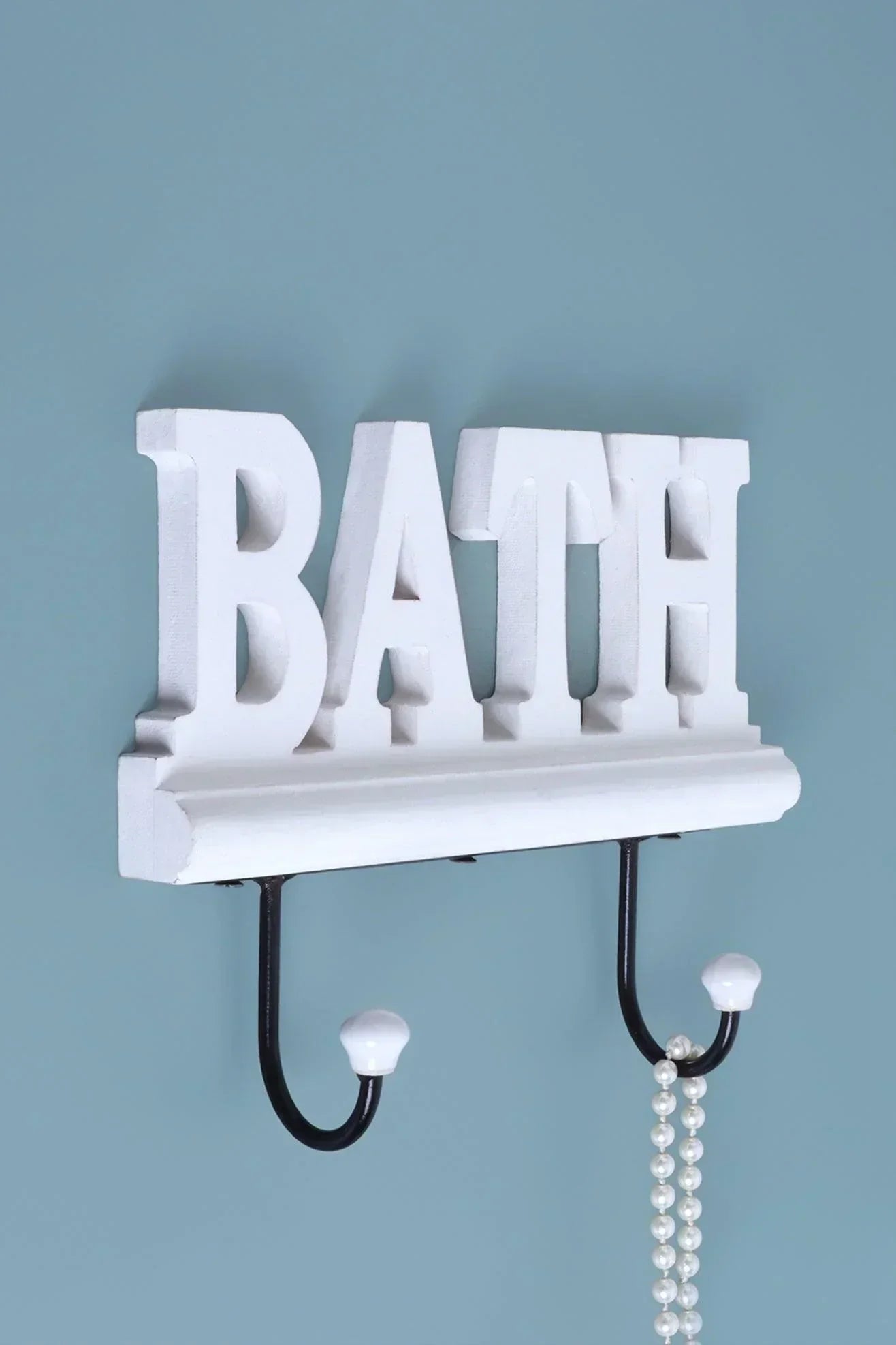 Bath Wall Hook Rack Large White Wooden Sign with 2 Iron Towel Hooks - G Decor