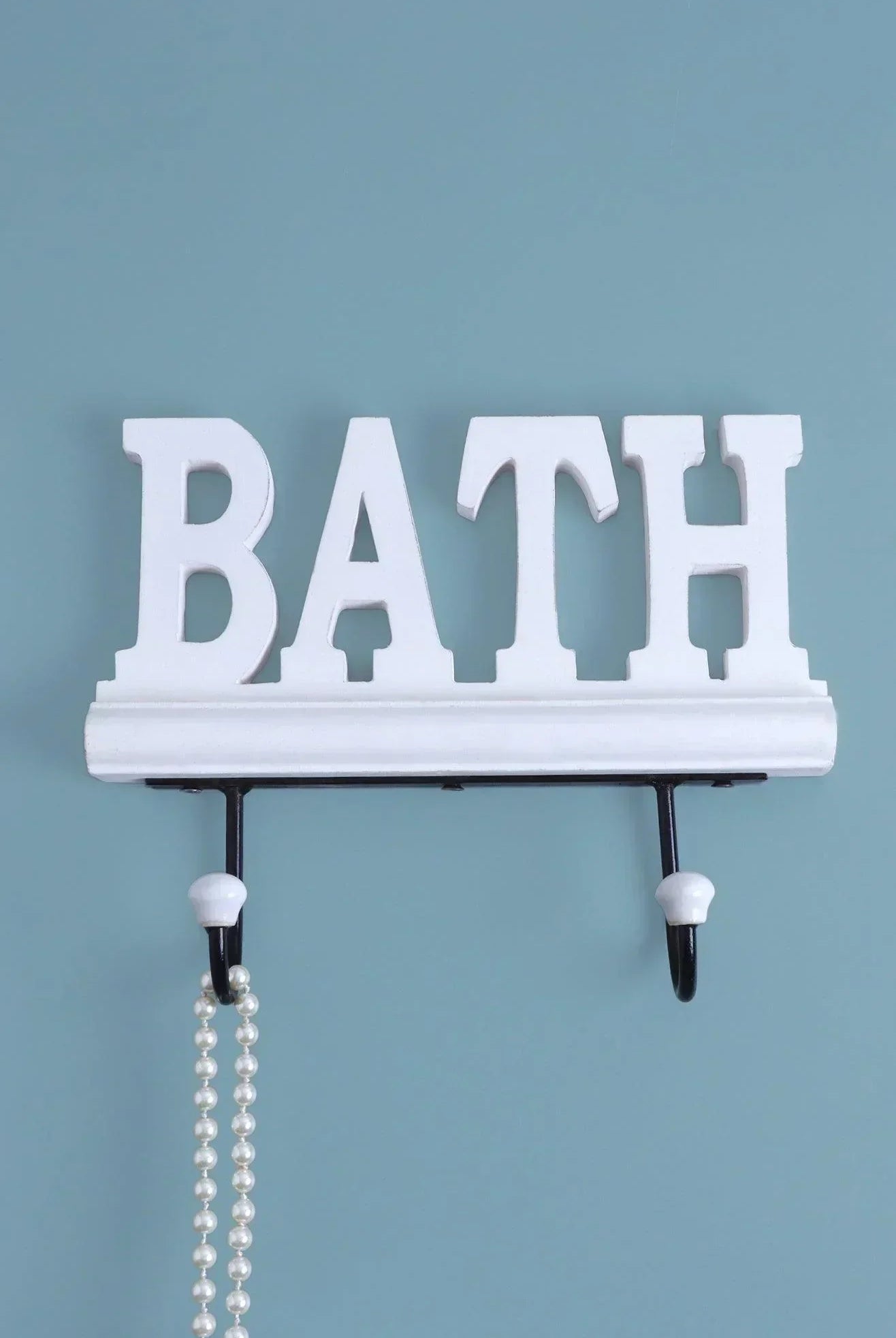 Bath Wall Hook Rack Large White Wooden Sign with 2 Iron Towel Hooks - G Decor
