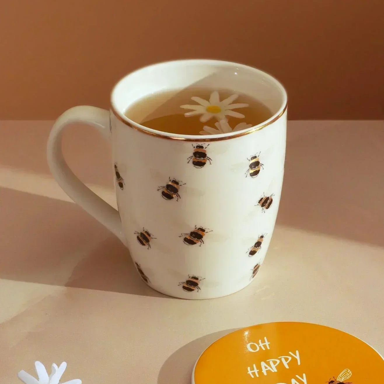 Bee Happy Mug & Coaster Gift Set Gold Large Cute Ceramic Cup with Matching Coaster - G Decor