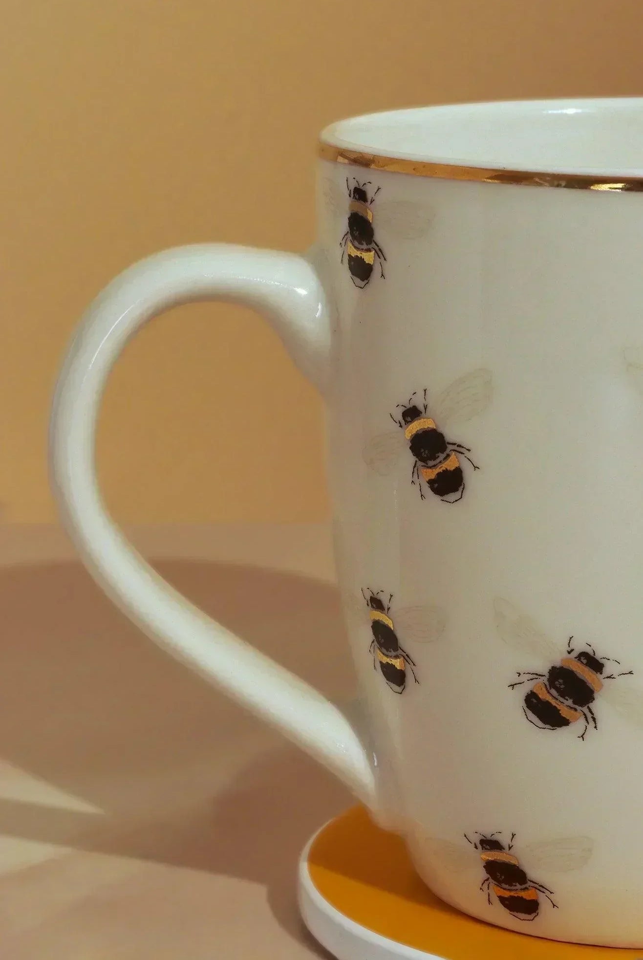 Bee Happy Mug & Coaster Gift Set Gold Large Cute Ceramic Cup with Matching Coaster - G Decor