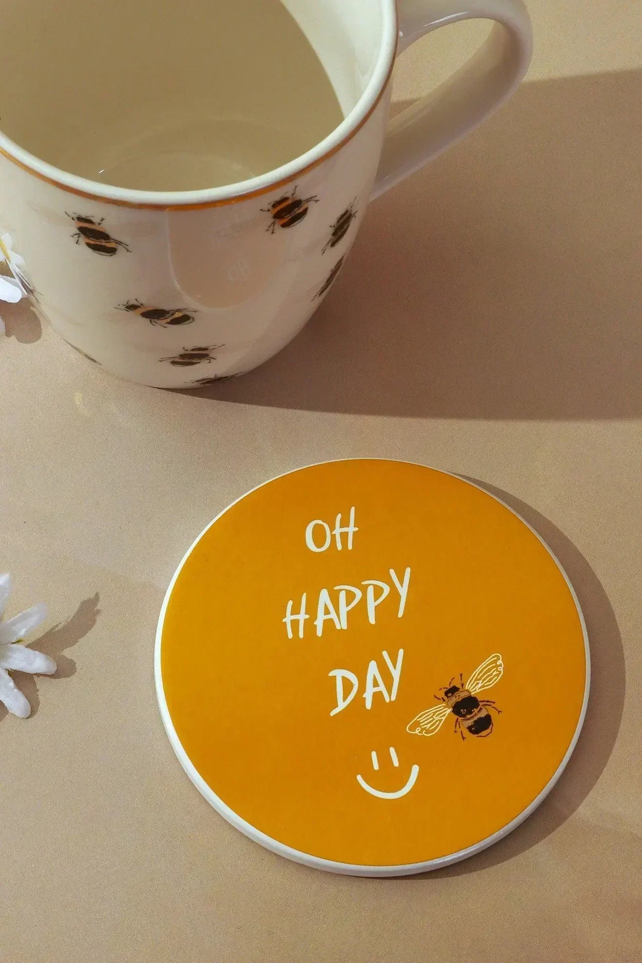 Bee Happy Mug & Coaster Gift Set Gold Large Cute Ceramic Cup with Matching Coaster - G Decor