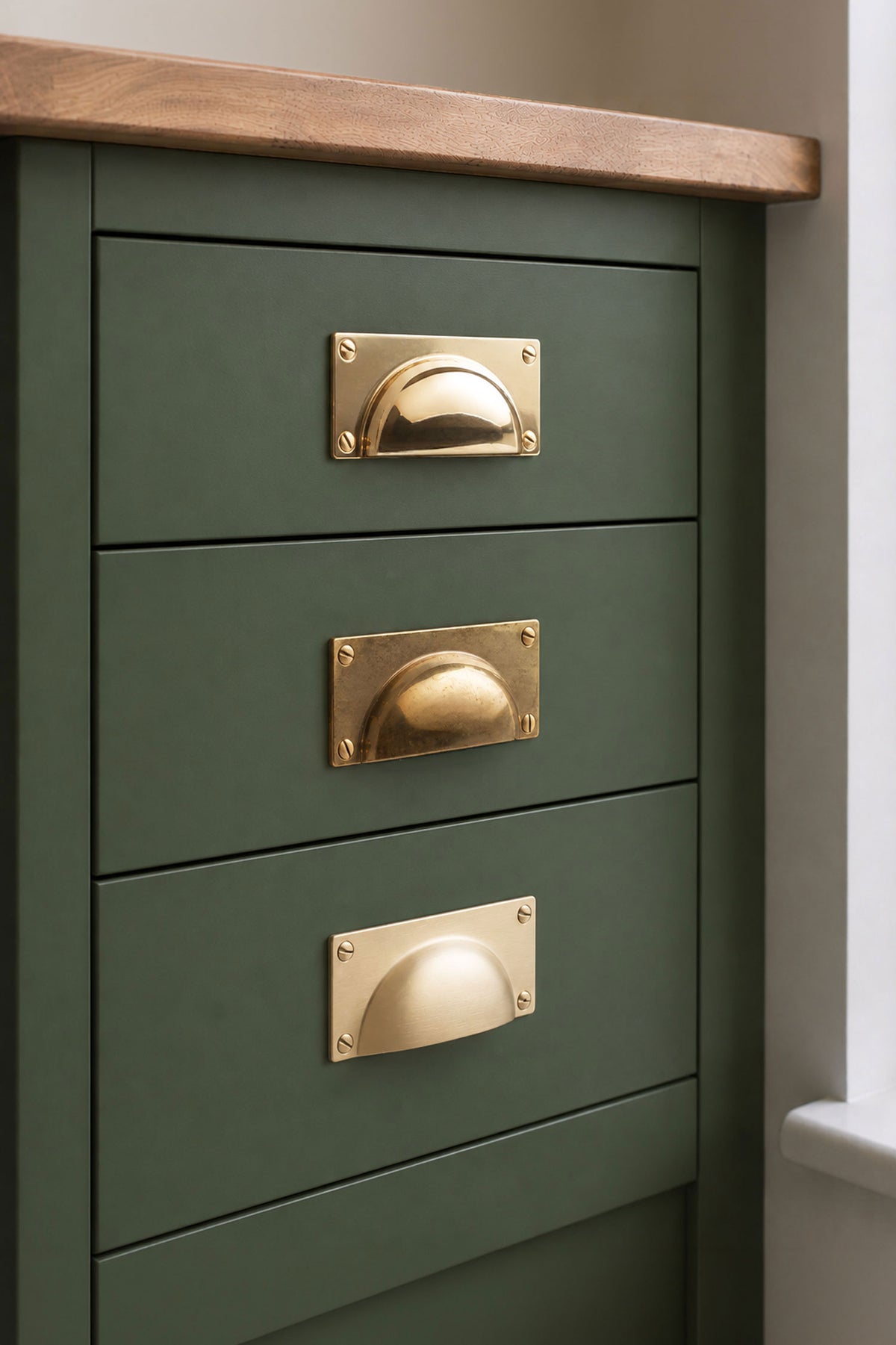 Bevelled plate cup pull in polished, aged and satin brass, second view