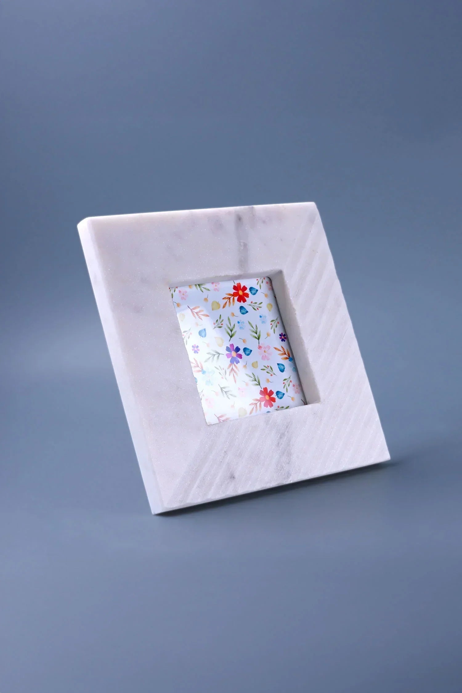 Bianca Romana Marble Photo Frame with Diagonal Carving — close-up view, G Decor