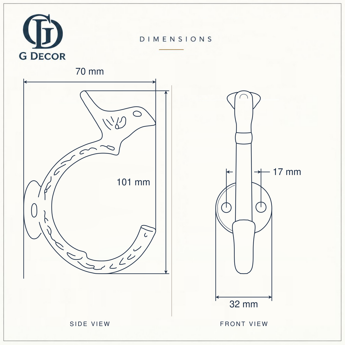Size drawing of the bird hook: 101 mm (3.98 in) tall, sticks out 70 mm (2.76 in), back plate 32 mm (1.26 in) wide, screw holes 17 mm (0.67 in) apart