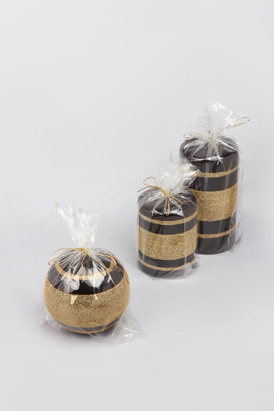G Decor Candles & Candle Holders Black / Set of 3 Black and Gold Glass Effect Striped Glitter Gloss Ball Pillar Candles