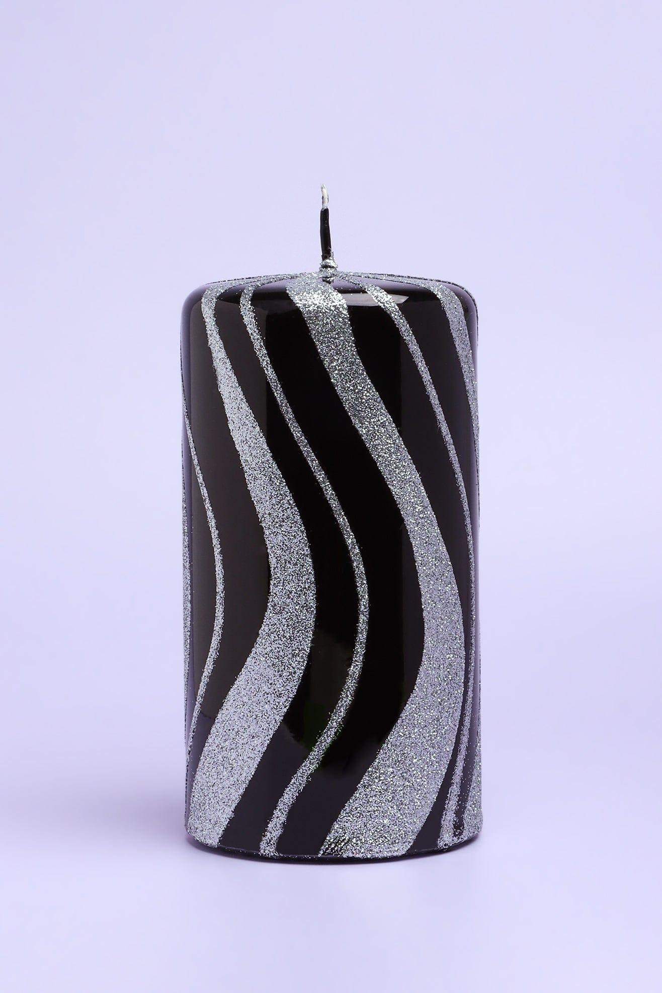 G Decor Candles & Candle Holders Black / Large Pillar Black and Silver Spiral Glitter Glass Effect Reflecting Gloss Pillar Candles