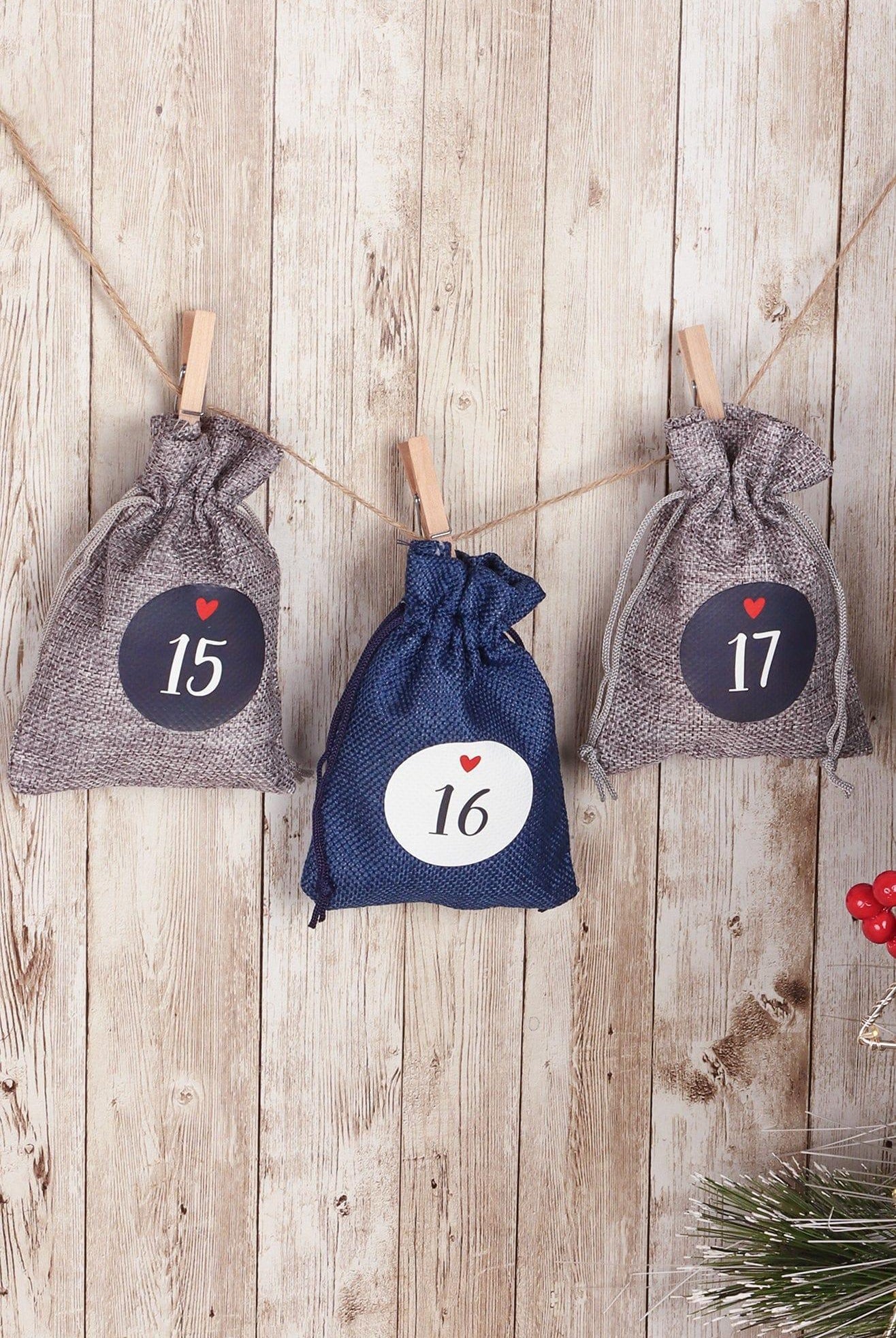 Blue and Grey Cloth Reusable Advent Calendar Bags - G Decor