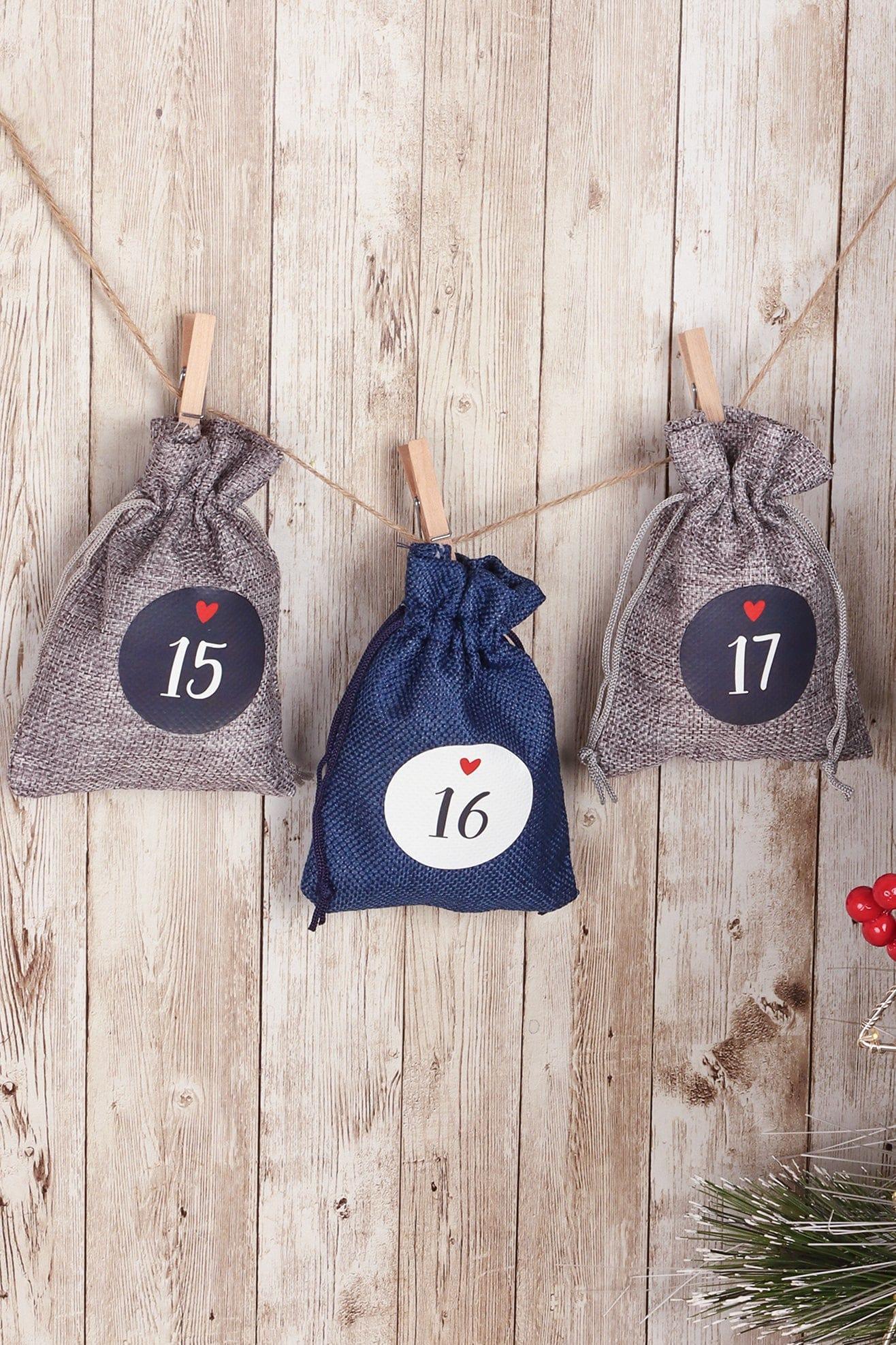 Blue and Grey Cloth Reusable Advent Calendar Bags - G Decor