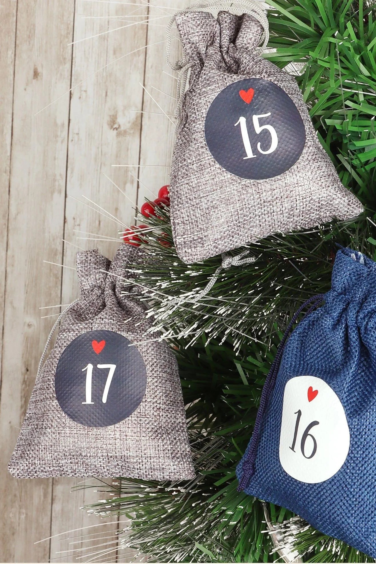 Blue and Grey Cloth Reusable Advent Calendar Bags — close-up view, G Decor