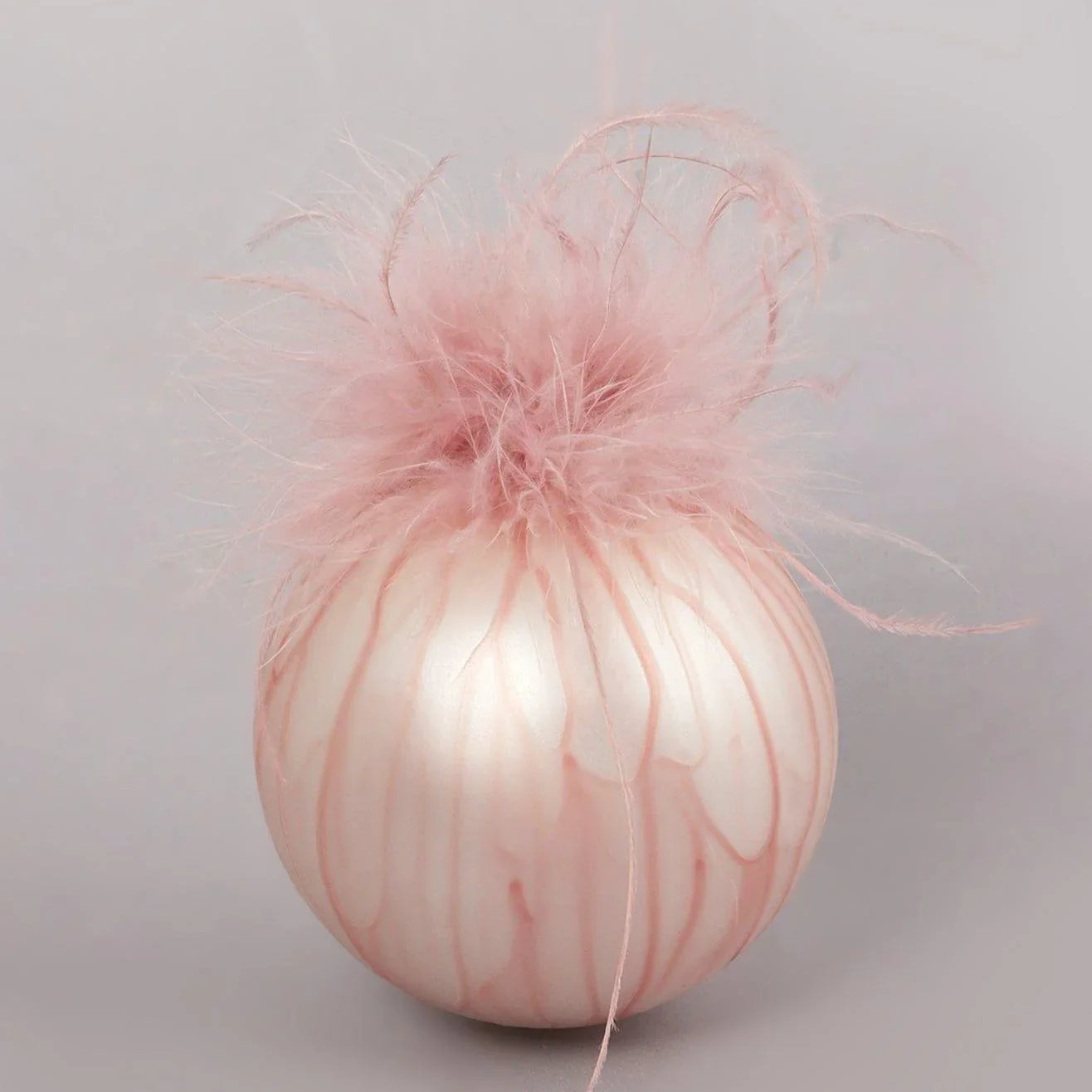 Blush Pink Glass Christmas Tree Bauble with Soft Feather Trim Glamorous Hanging Ornament - G Decor
