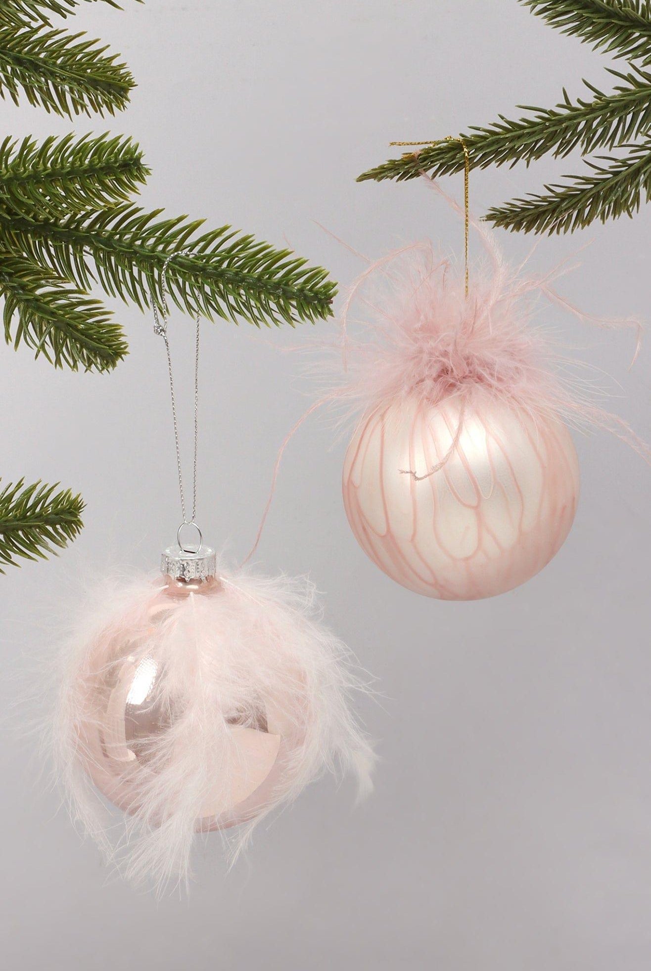 Blush Pink Glass Christmas Tree Bauble with Soft Feather Trim Glamorous Hanging Ornament - G Decor