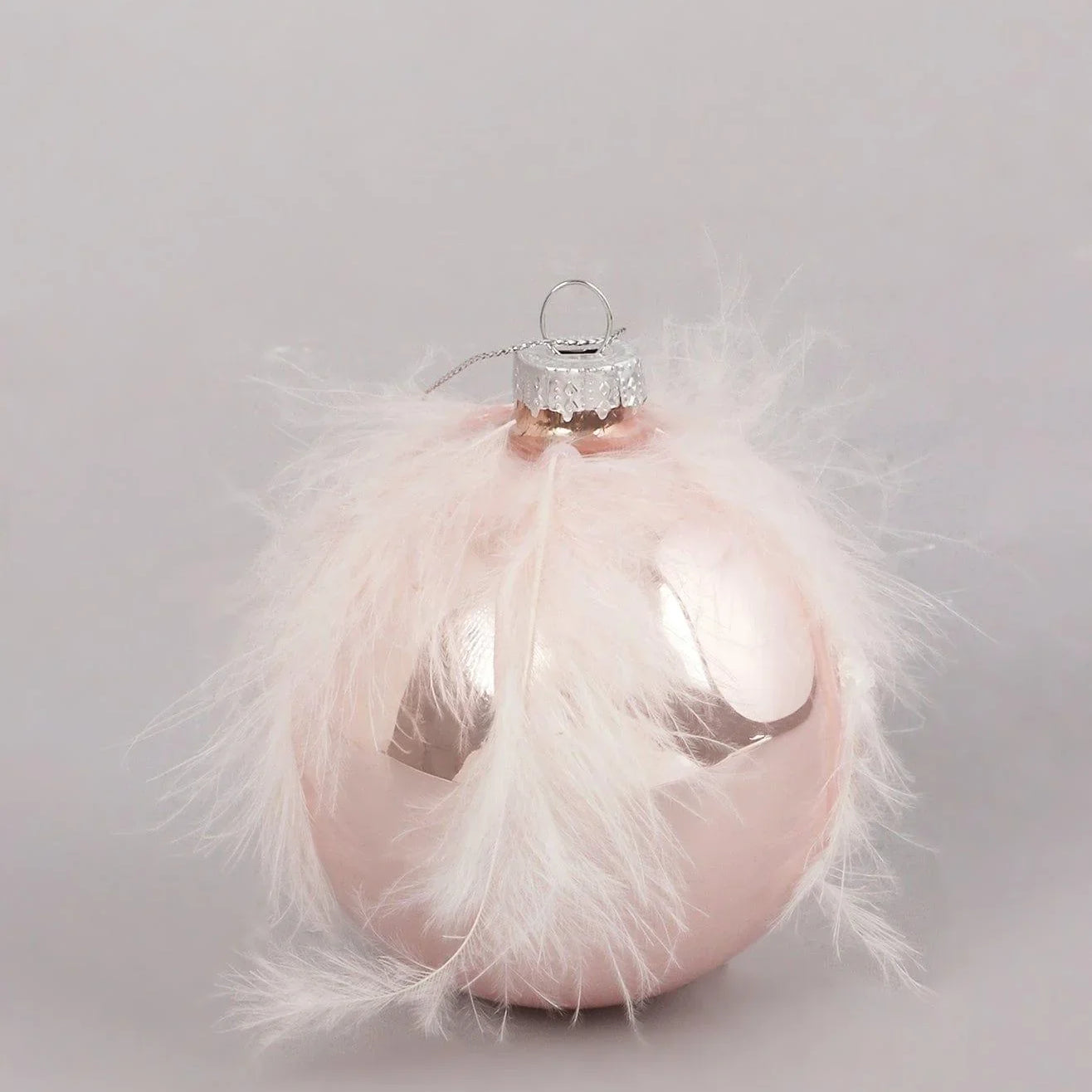 Blush Pink Glass Christmas Tree Bauble with Soft Feather Trim Glamorous Hanging Ornament - G Decor