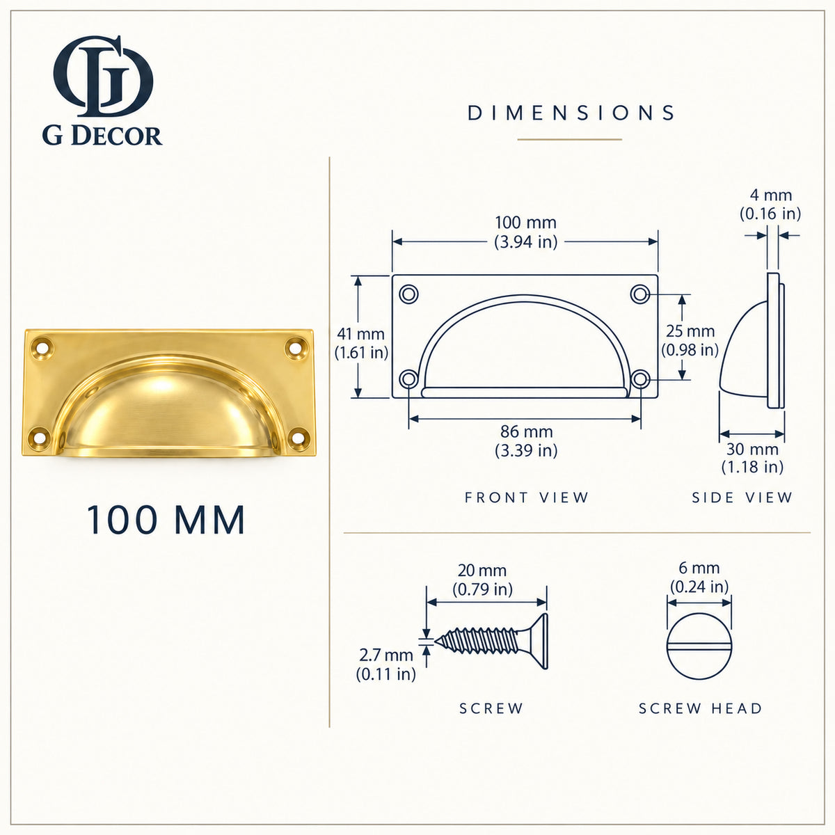 Size drawing: brass bevelled plate cup pull