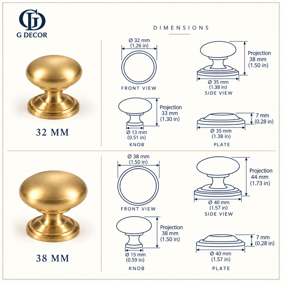 Size drawing: brass bun cabinet knob