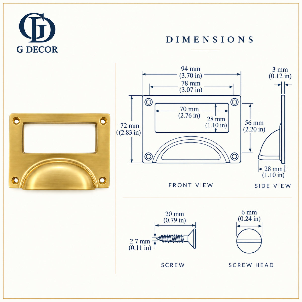 Size drawing: brass card frame cup pull