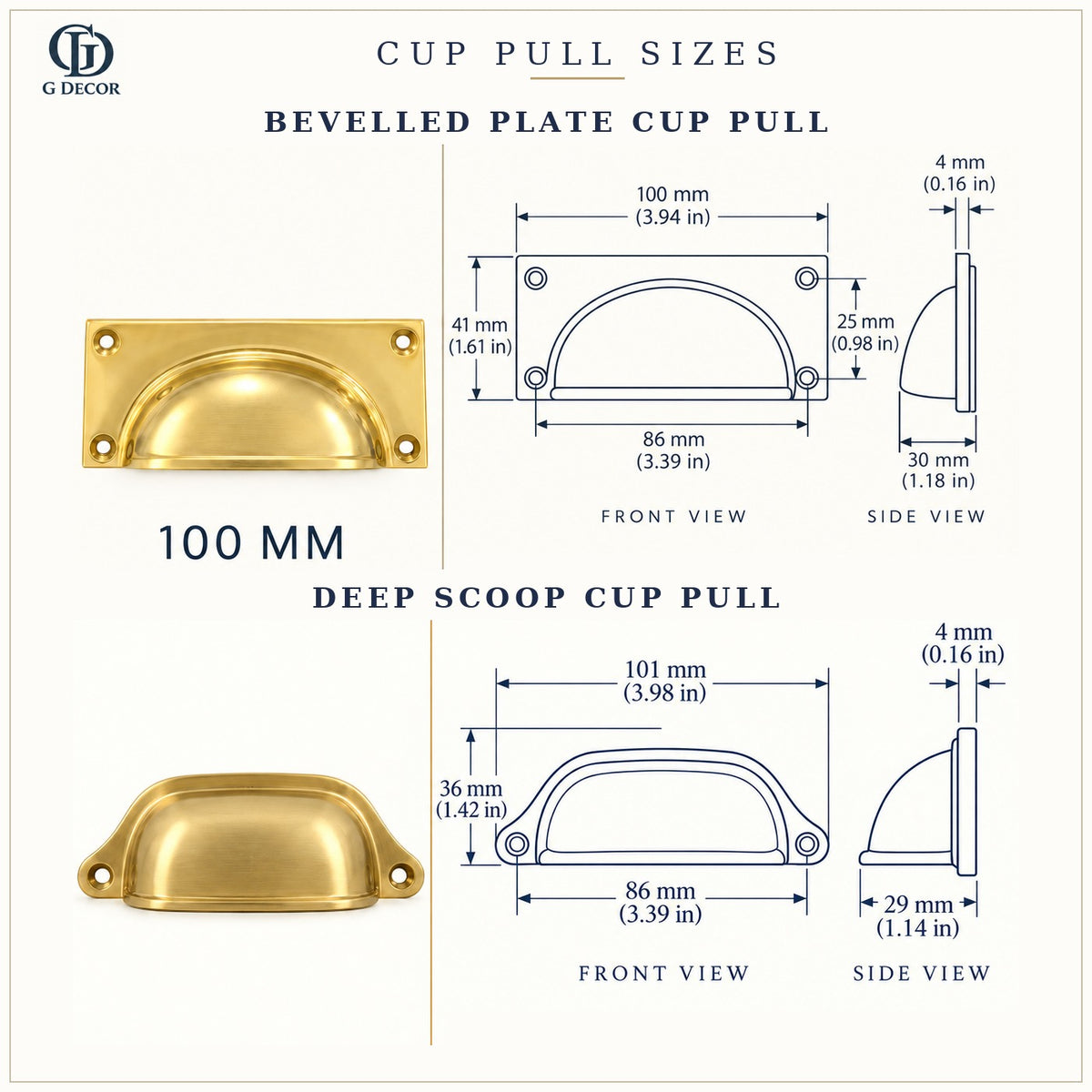 Size drawings: bevelled plate and deep scoop cup pulls