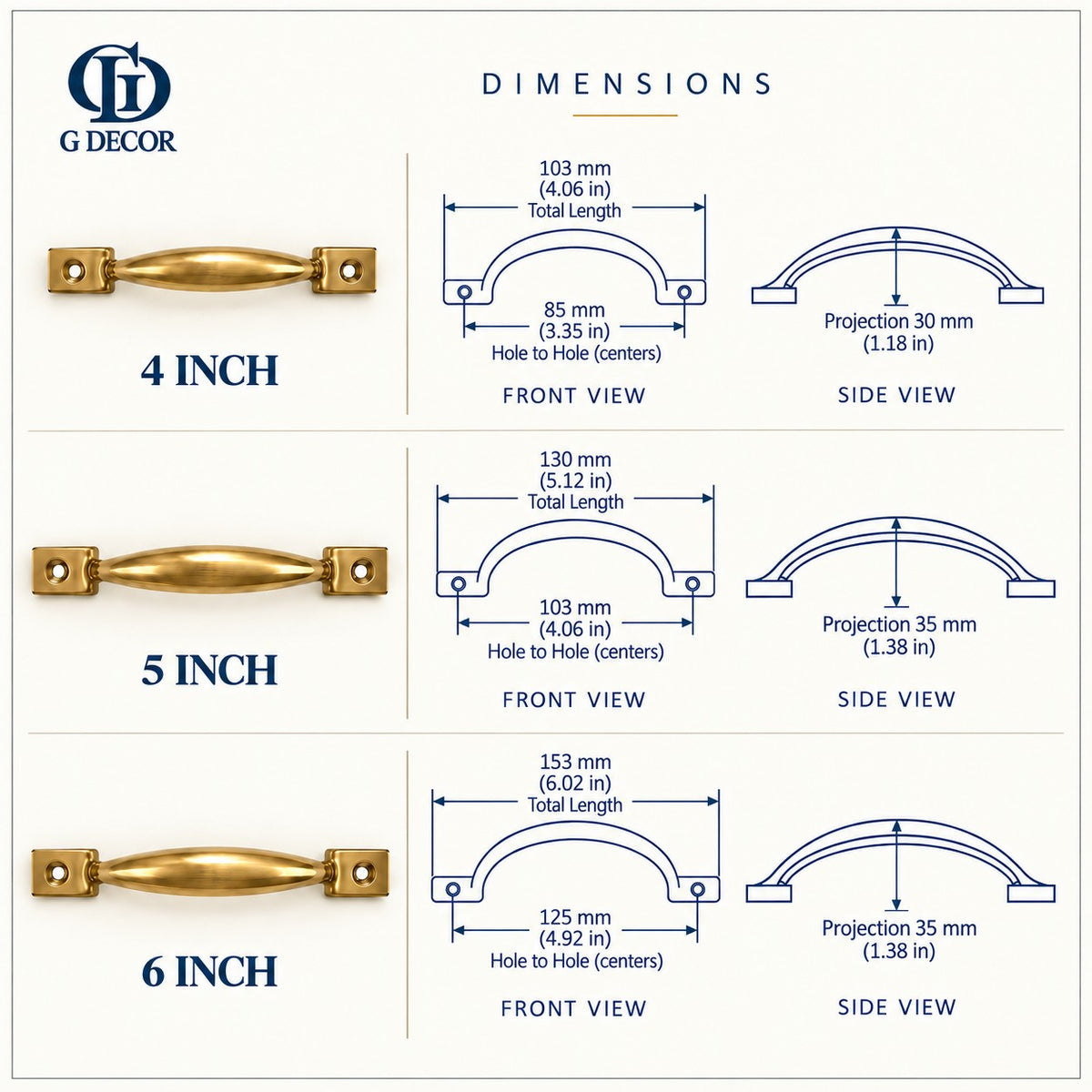 Size drawing: brass D handle