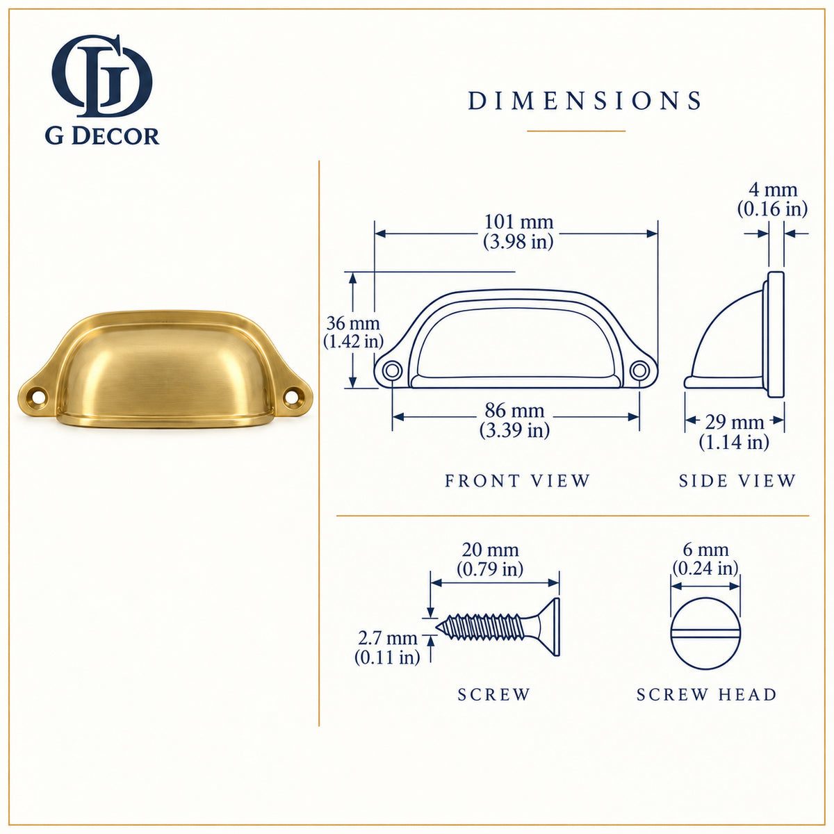 Size drawing: brass deep scoop cup pull