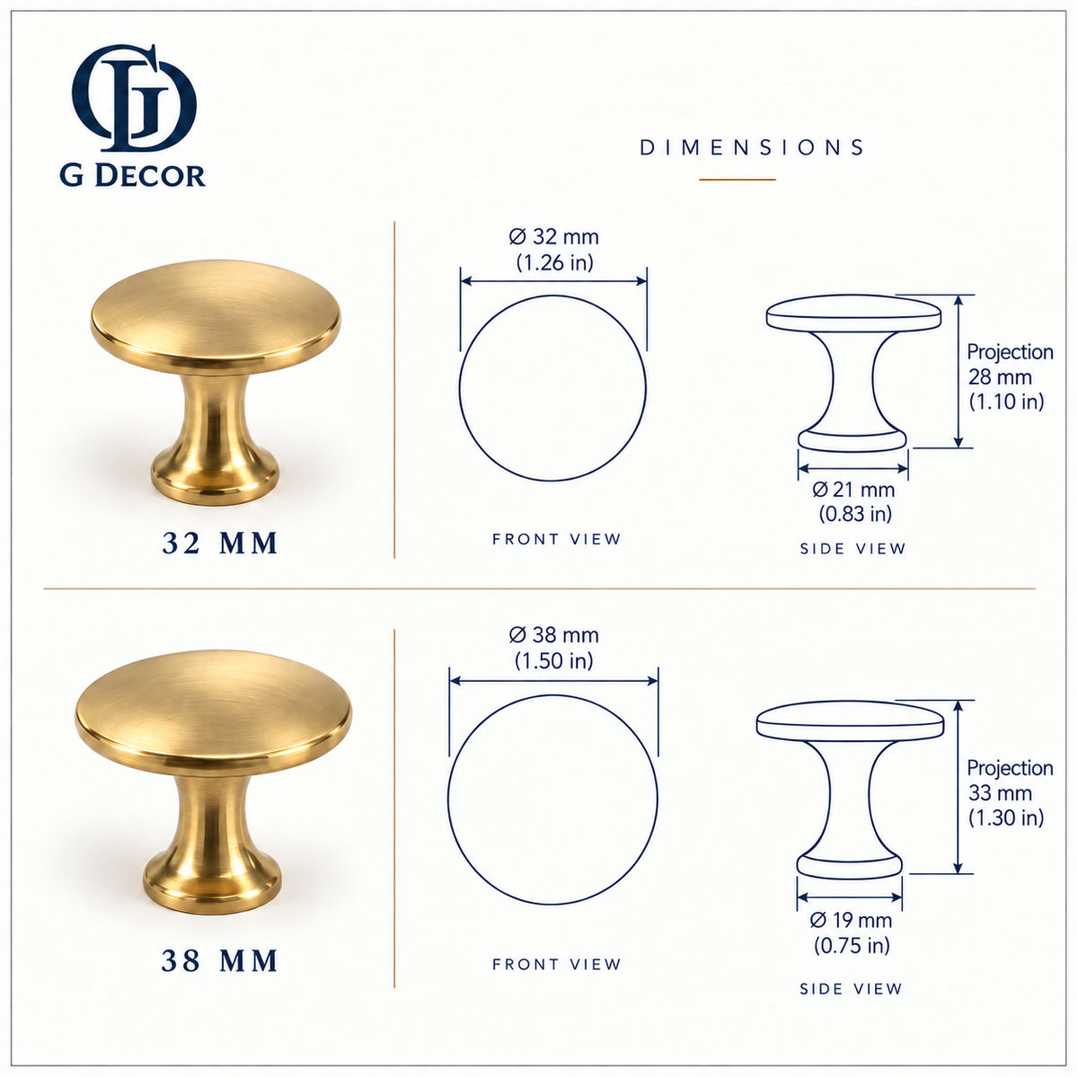 Size drawing: brass flat top cabinet knob