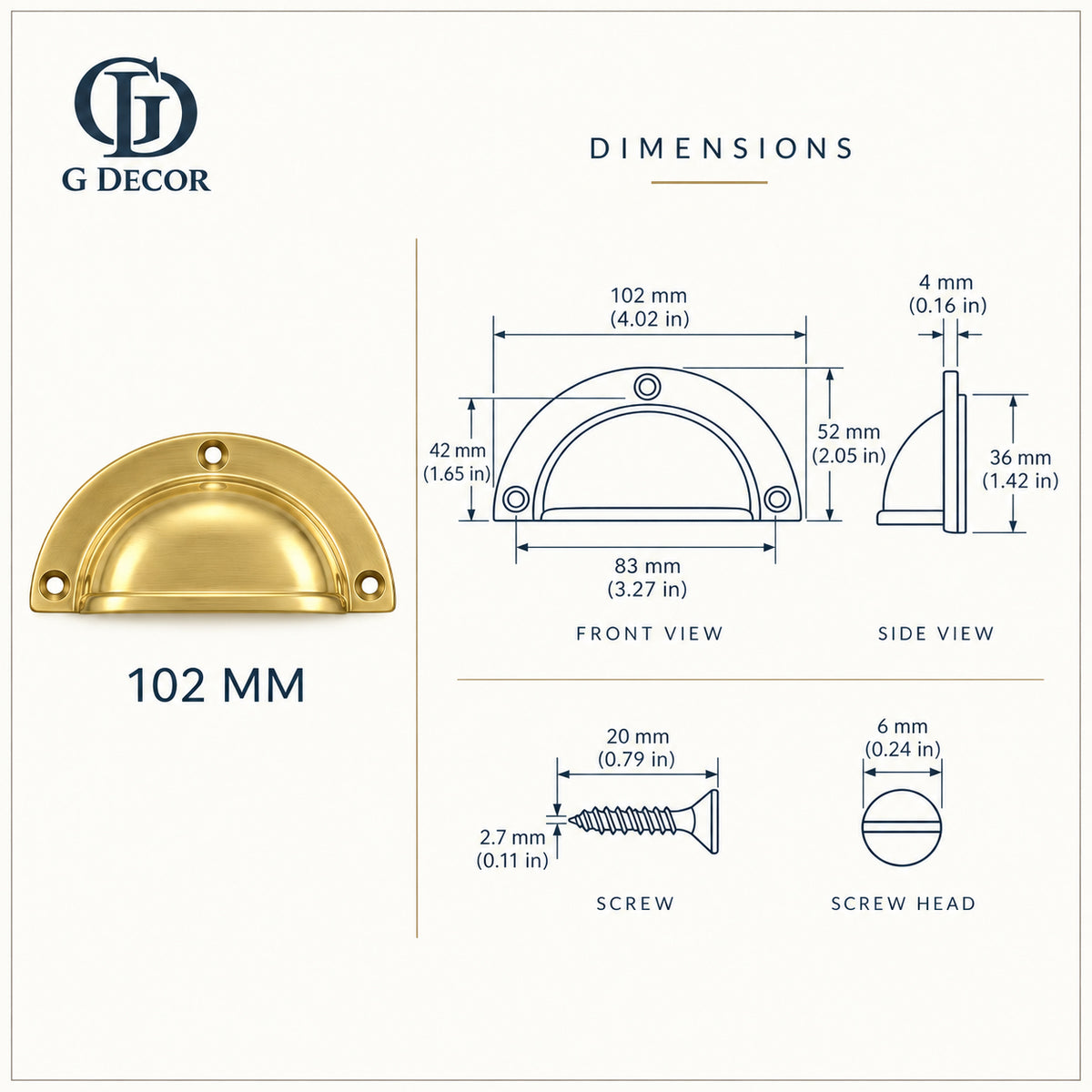 Size drawing: brass half moon cup pull