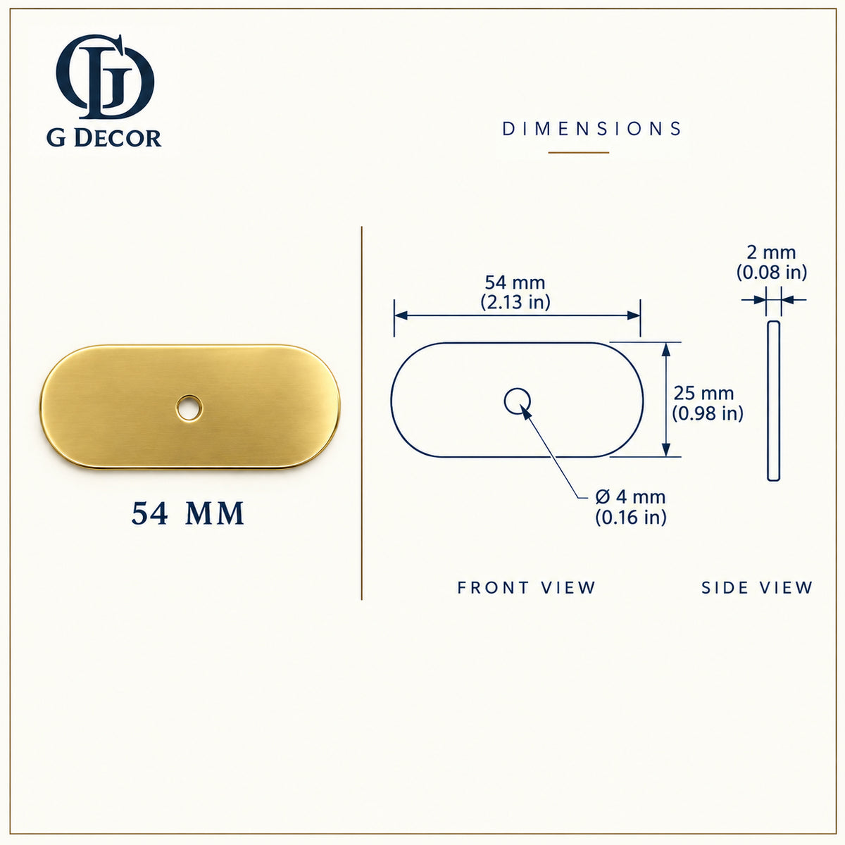Size drawing: brass oblong backplate 54x25mm