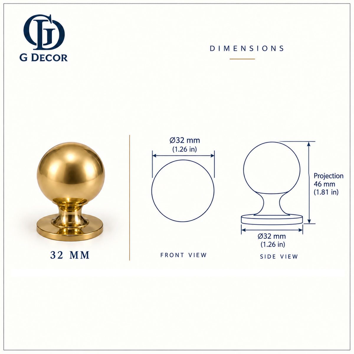 Size drawing: brass round cabinet knob