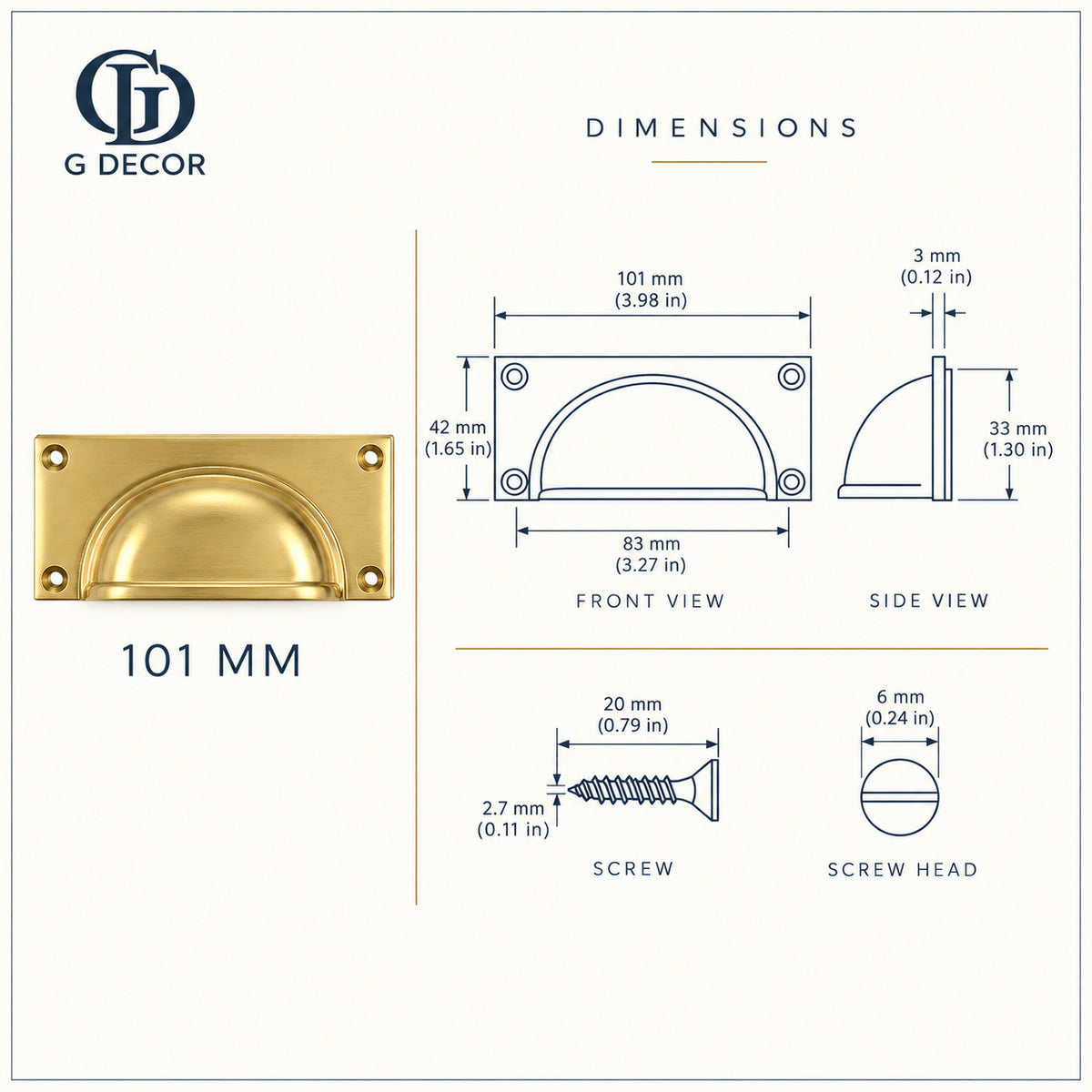 Size drawing: brass rounded plate cup pull