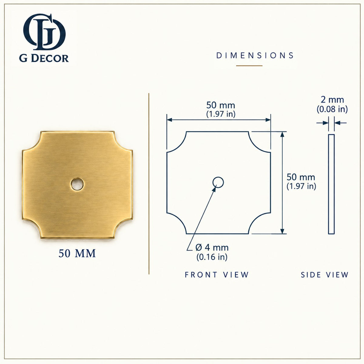 Size drawing: brass square backplate 50mm
