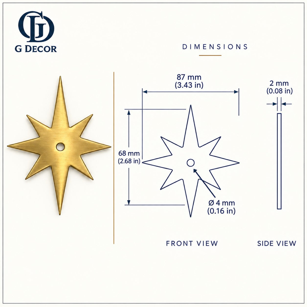 Size drawing: brass star backplate 87x68mm