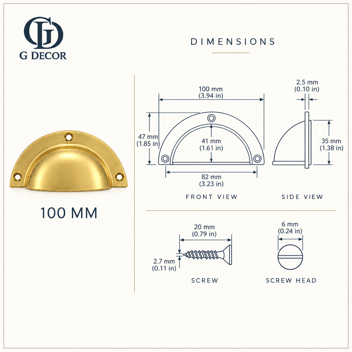 Size drawing: brass stepped rim cup pull