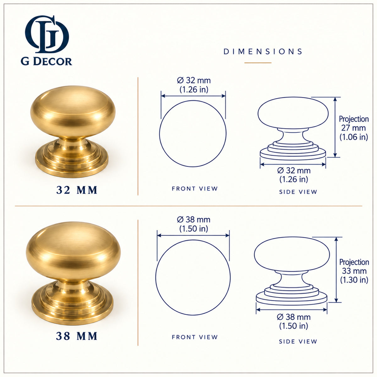 Size drawing: brass Victorian cabinet knob