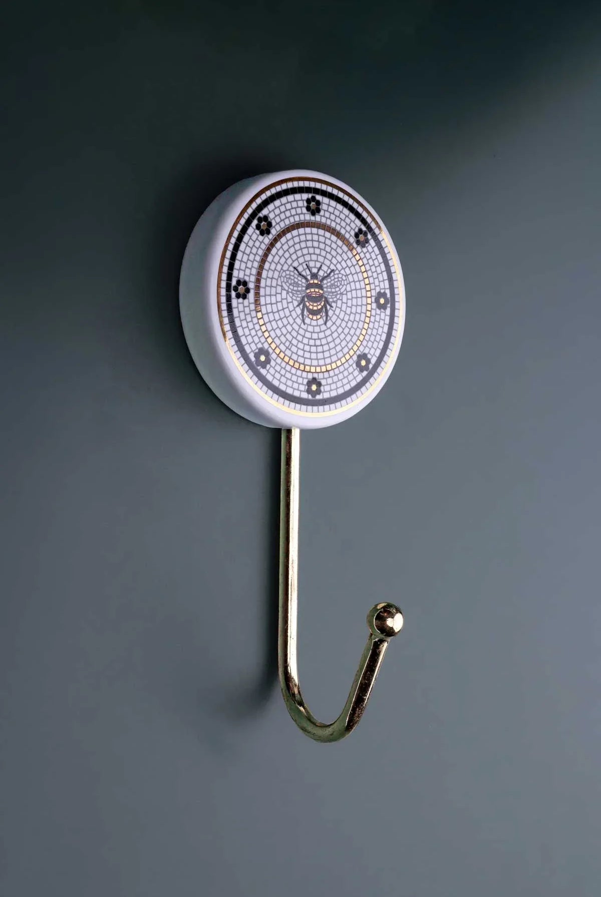 British Bee Tile Wall Hook Black, White & Gold Mosaic Design with Brass Finish - G Decor