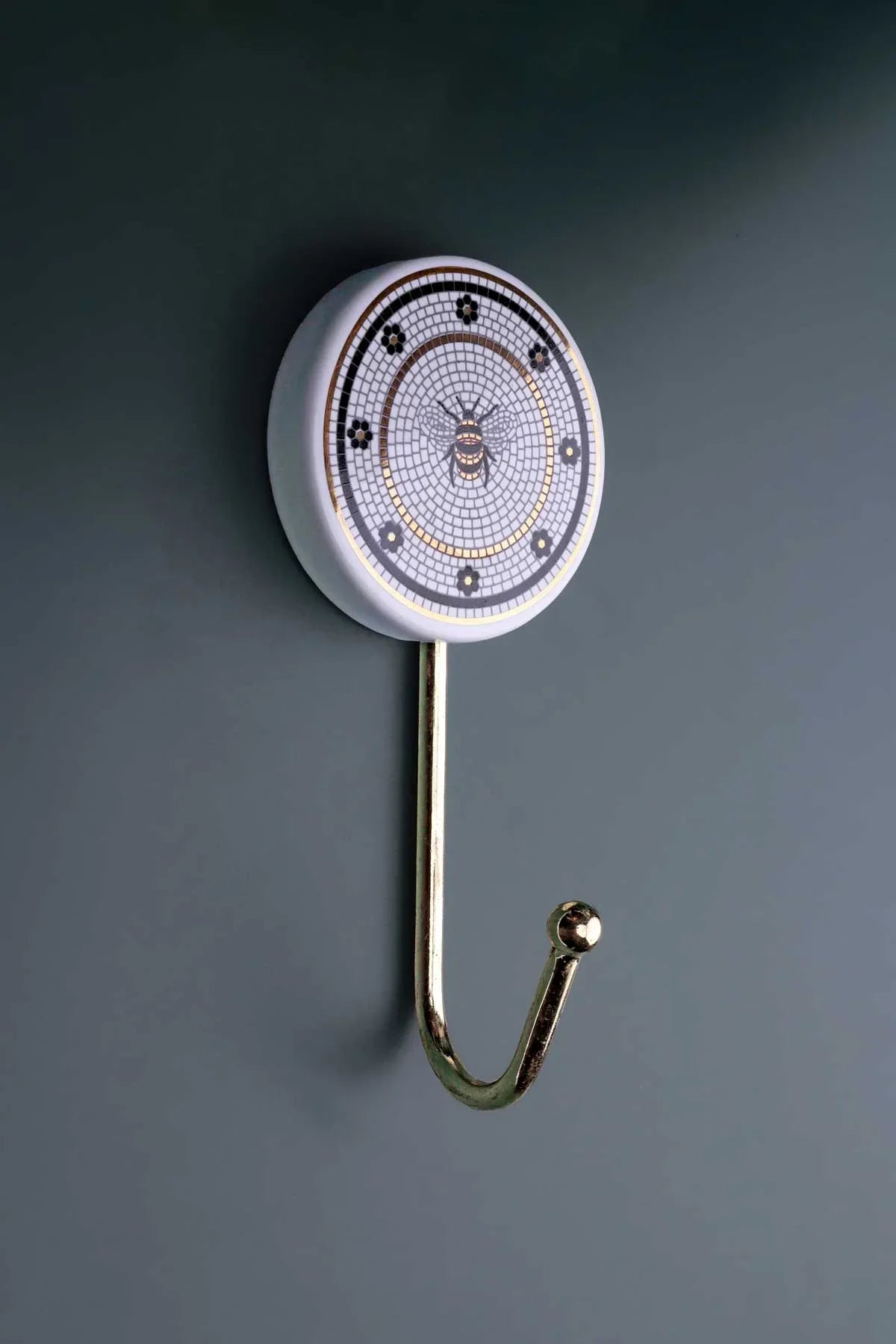 British Bee Tile Wall Hook Black, White & Gold Mosaic Design with Brass Finish - G Decor