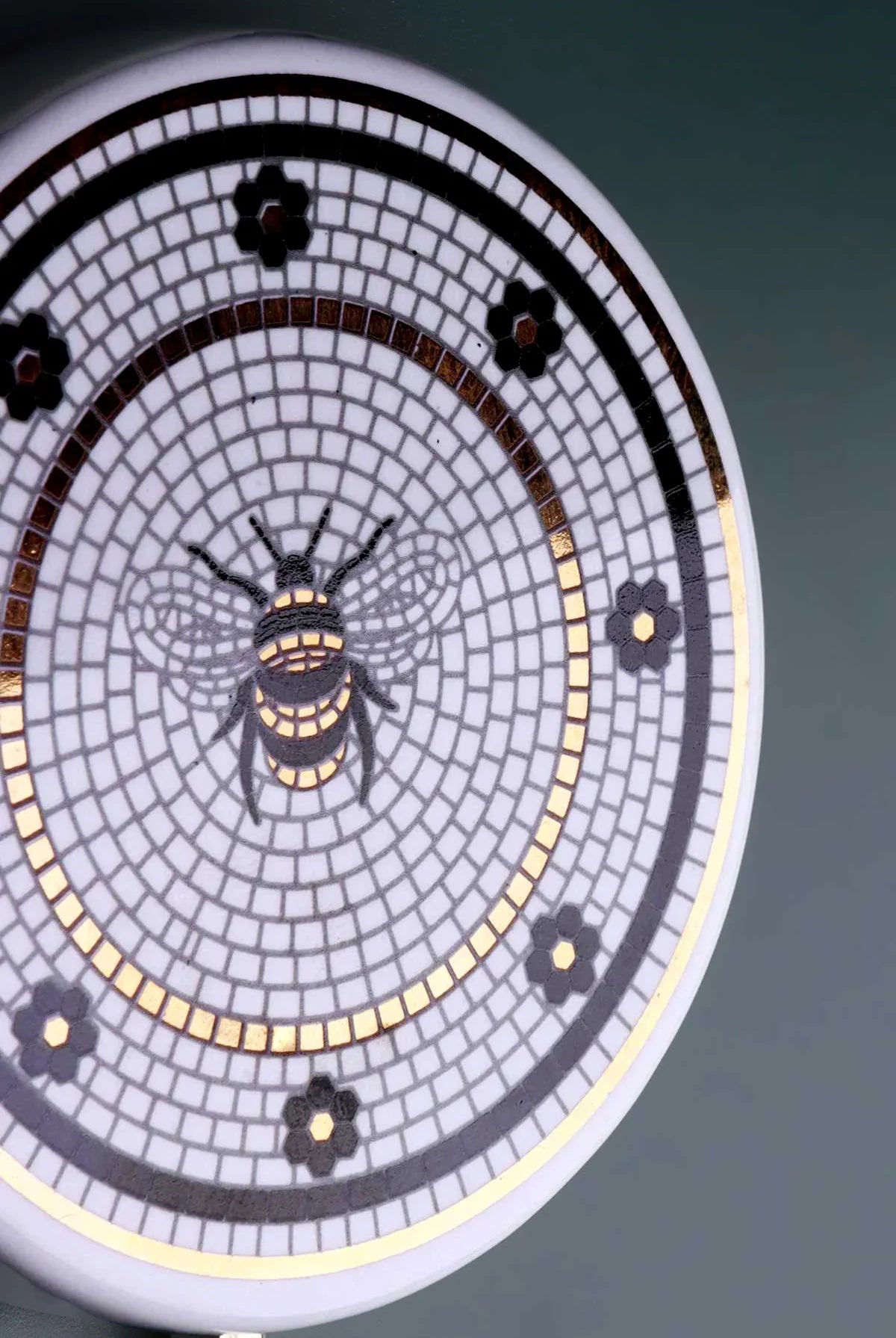 British Bee Tile Wall Hook Black, White & Gold Mosaic Design with Brass Finish - G Decor